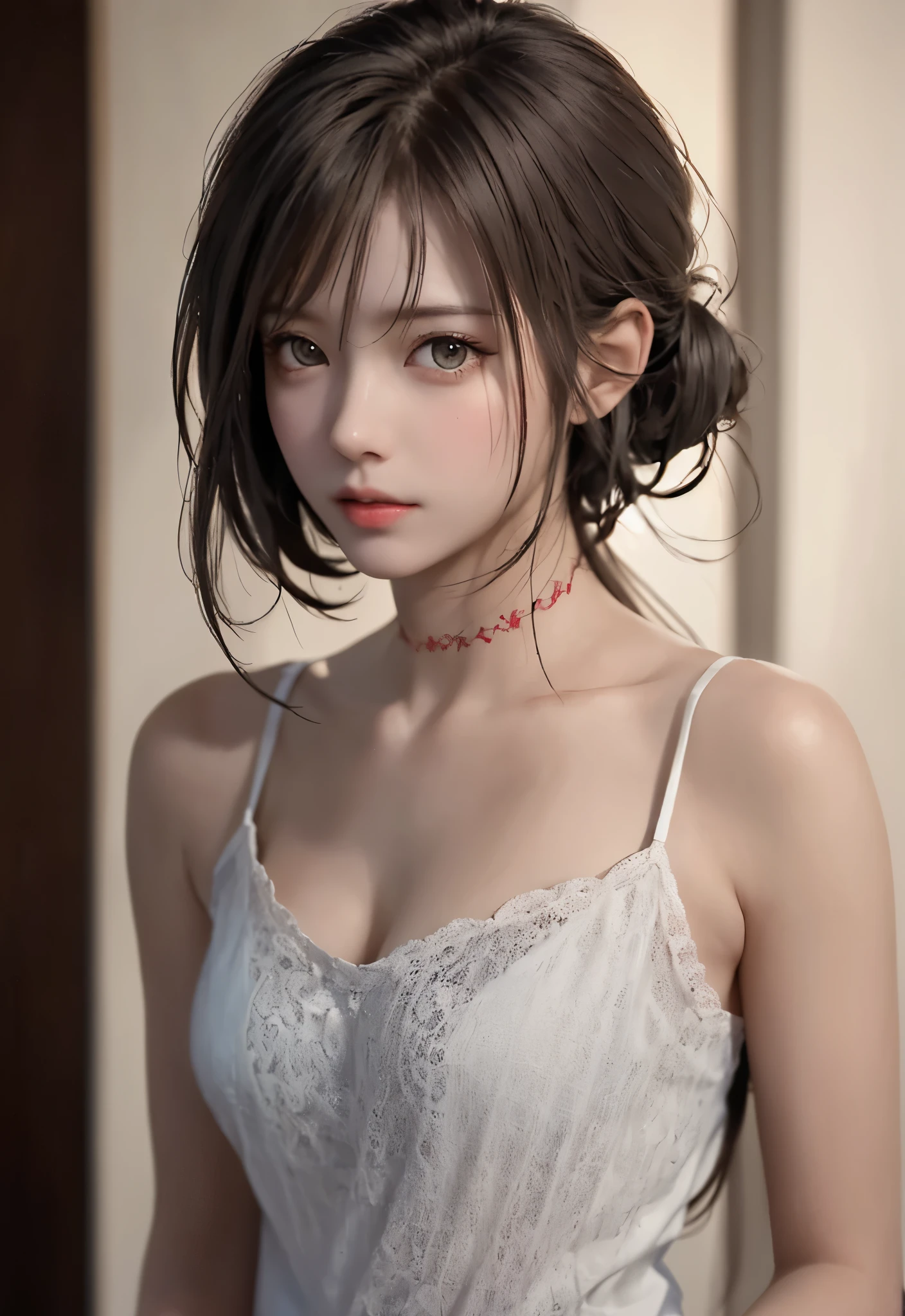 Reddish-brown hair,Long curly hair,high ponytail,red headdress,red eyes,red eye,red pupils,Delicate and detailed eyes,sparkling eyes,blur background