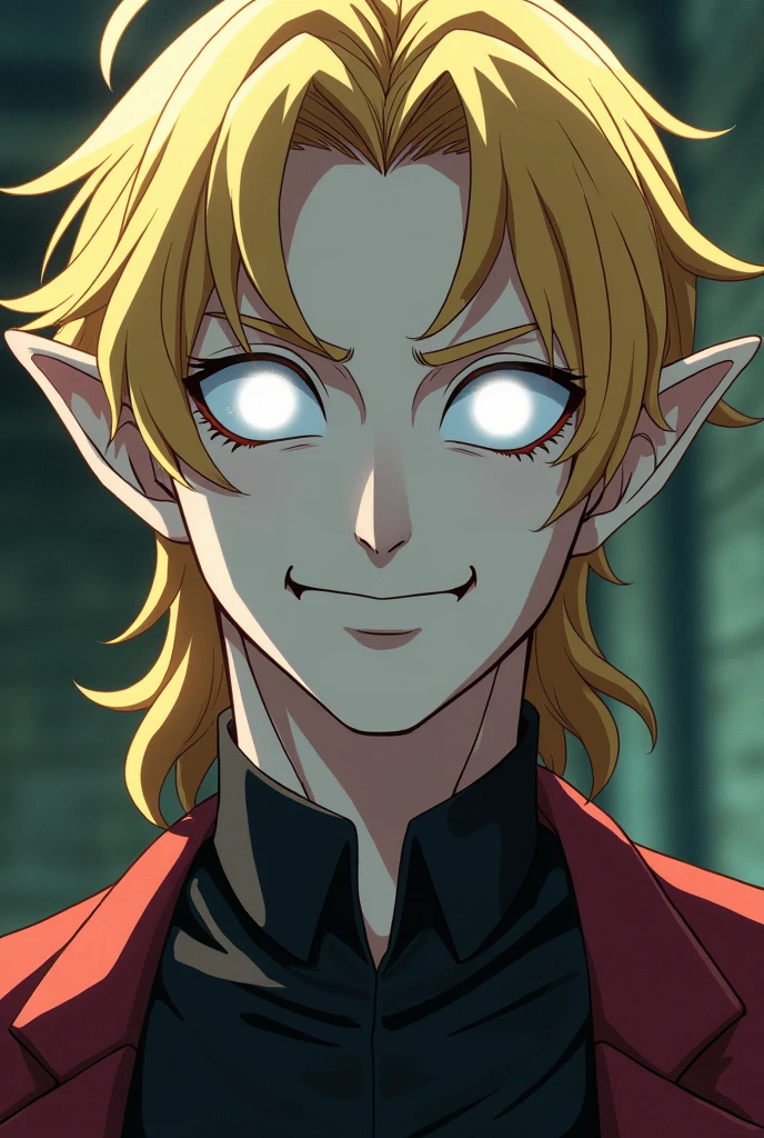 male , Evil, crazy laughter, blue eyes, blonde hair, sharp claws, scratches on hands, green clothes, pointed ears, small carnivorous fairies around him, creepy, fear, terror, horror