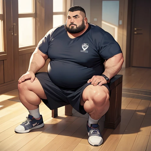 full body, a young chubby fat white european handsome guy with short clean shaved undercut haircut, with a round huge belly, no abs, wearing metallic-blue shiny rubber shirt, white Nike lycra shorts, long white high soccer socks, white Nike vapormax sneakers, white Nike cap, silver chunky chains, bracelets, rings, lying on the floor, arrogantly looking at us, pointing his feet, in a sparsely furnished and dirty room