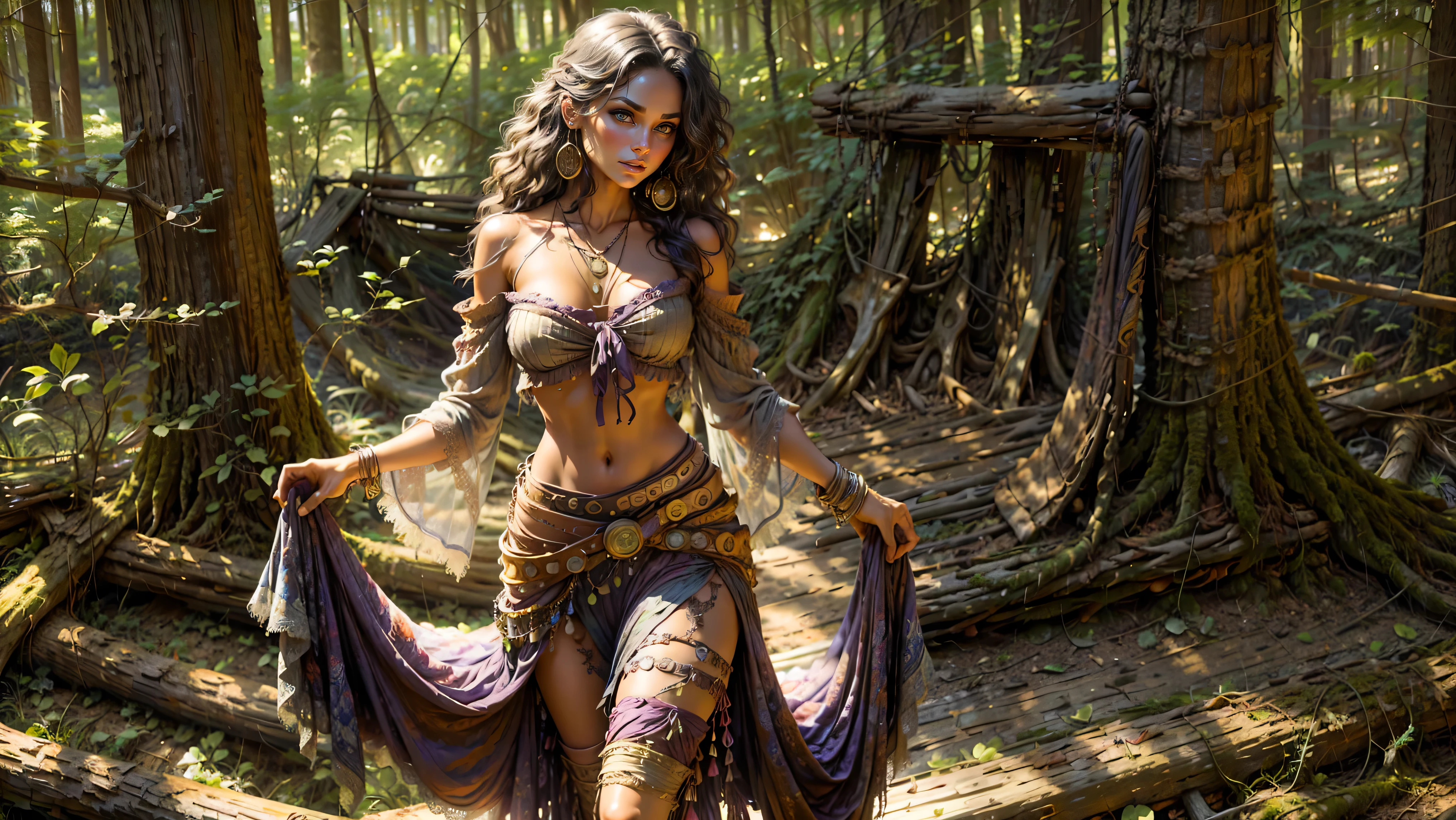((1girl, solo)), ((realistic)), Gypsy girl walking in the Louisiana swamp, young girl, cute girl, fit, ((rear view looking back)), ((ass)), ((skinny)), ((small hips)), ((hair hanging straight down)), ((dark hair)), ((loose top)), midriff, ((top loosely draped over her breasts)), ((can see her breasts through her top)), looking at viewer, sexy, skirt low on hips, cowboy shot, (full body portrait), beautiful lips, sexy mouth, ribbons, beads, bangles, upper body, dark-eyed, bangs, ribbon, bayou, sunlight just leaking through, walking on wooded trail,