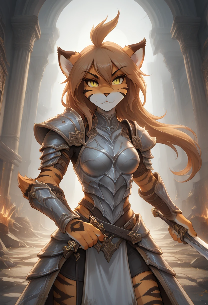 score_9, score_8_up, score_7_up, source_furry, furry, 1girl, source_furry, solo, tkflora, tiger, striped fur, keidran, yellow eyes, anthro, (pov, beautiful female furry holding an enegrized wielding sword, brutal armor, chaos background)