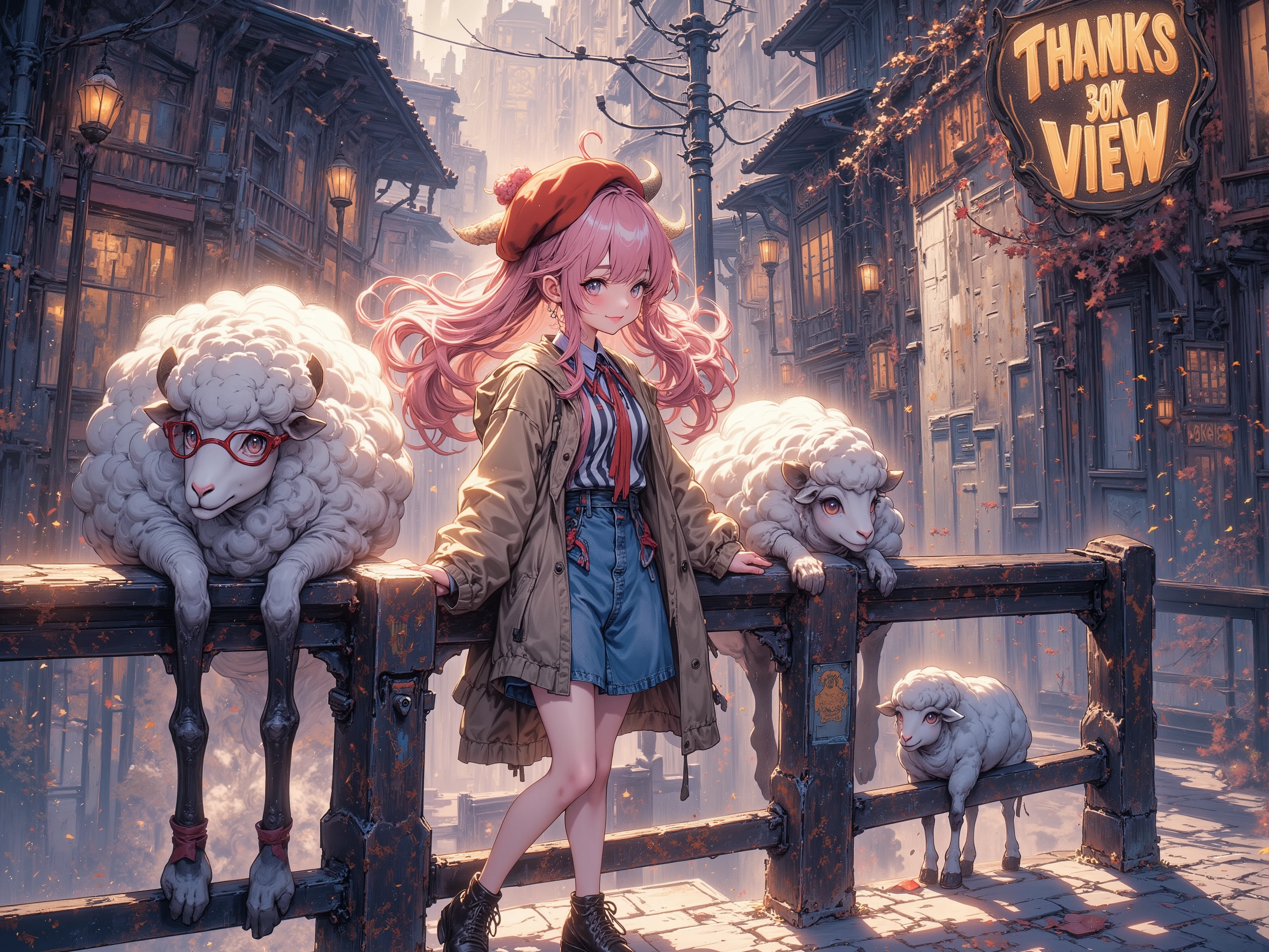 (masterpiece, top quality, highly detailed, absurd, very aesthetic), dutch angle, looking side, profile, from below, gothic lettering "THANKS 30K VIEW♥" written on a guardrail, (highly detailed background, lighting, overlay), (holding the temples of her glasses with her fingers, smiling softly, sitting on a guardrail), (1girl, sheep girl, super detailed skin, detailed beautiful face and eyes, big soft anime eyes, absurdly beautiful pupil expression, thick eyebrows:1.1, fluffy long hair like sheep's wool, pink hair, each strand of hair is detailed, round sheep's horns, smiling face), (red glasses, red fashionable beret, khaki cashmere coat, vertical striped wool sweater, jeans skirt, platform short boots), gothic lettering "THANKS 30K VIEW♥" written on a guardrail, natural elements, fantastical features, light and shadow effects, color and atmosphere