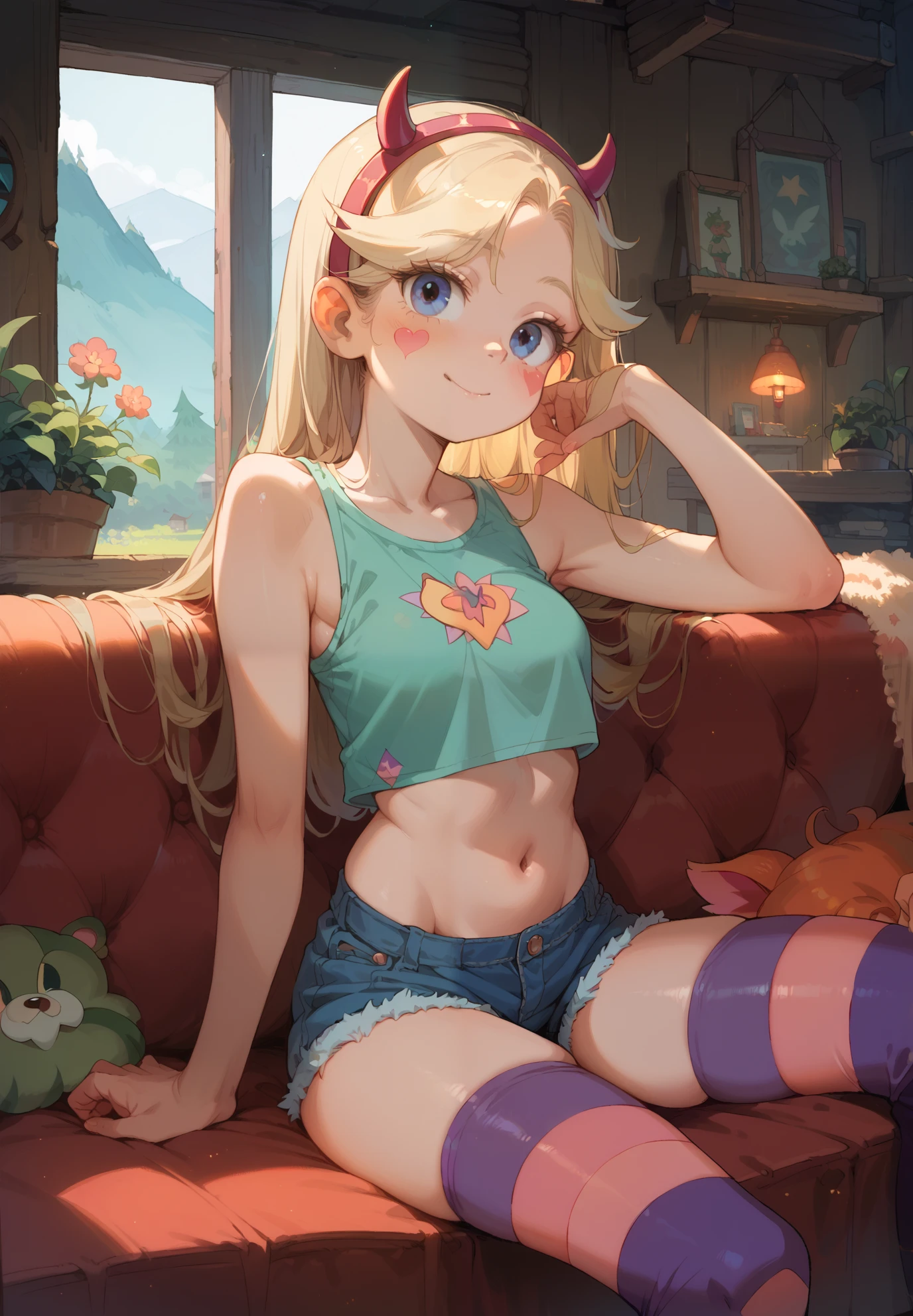 1girl, Star Butterfly, Star vs. the Forces of Evil, sitting on a couch, crop top, silk shorts, stripped thigh highs, naturally sagging small breasts, sexy pose, lustful, BREAK, night time, mountain cottage, cinematic lighting,