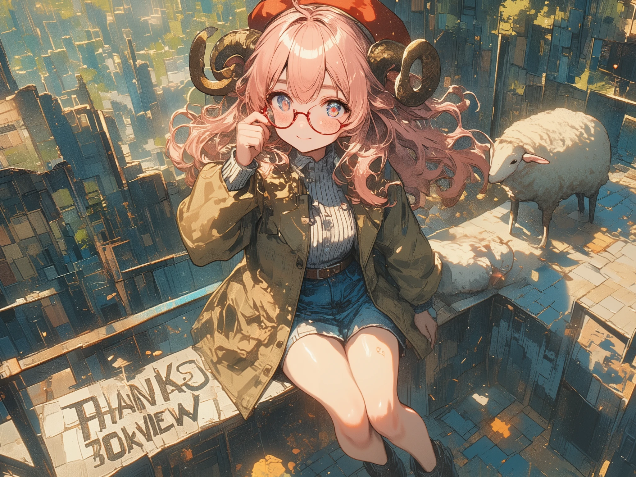 (masterpiece, top quality, highly detailed, absurd, very aesthetic), dutch angle, looking side, profile, from above, (highly detailed background, lighting, overlay), (holding the temples of her glasses with her fingers, smiling softly, sitting on a guardrail), (1girl, sheep girl, super detailed skin, detailed beautiful face and eyes, big soft anime eyes, absurdly beautiful pupil expression, thick eyebrows:1.1, fluffy long hair like sheep's wool, pink hair, each strand of hair is detailed, round sheep's horns, smiling face), (red glasses, red fashionable beret, khaki cashmere coat, vertical striped wool sweater, jeans skirt, platform short boots), gothic lettering "THANKS 30K VIEW♥" written on a guardrail, natural elements, fantastical features, light and shadow effects, color and atmosphere