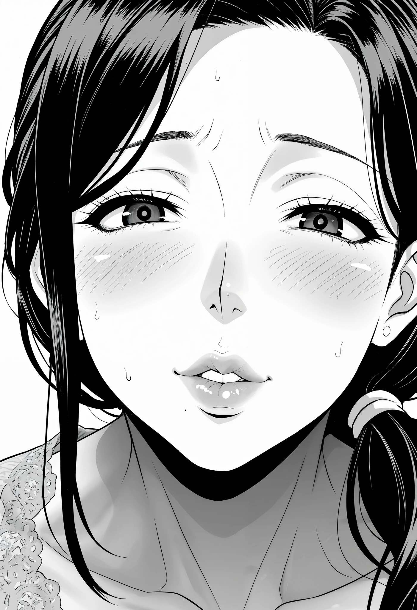 mature woman,housewife,A hentai manga scene , a detailed black and white manga panel, an intricate line drawing , a very detailed anatomy , erotic, sensual, Explícita, suggestive, beautiful detailed eyes , beautiful detailed lips , extremely detailed face, long eyelashes , seductive expression , provocative pose, dynamic composition , HIGH CONTRAST, dramatic lighting , melancholic atmosphere