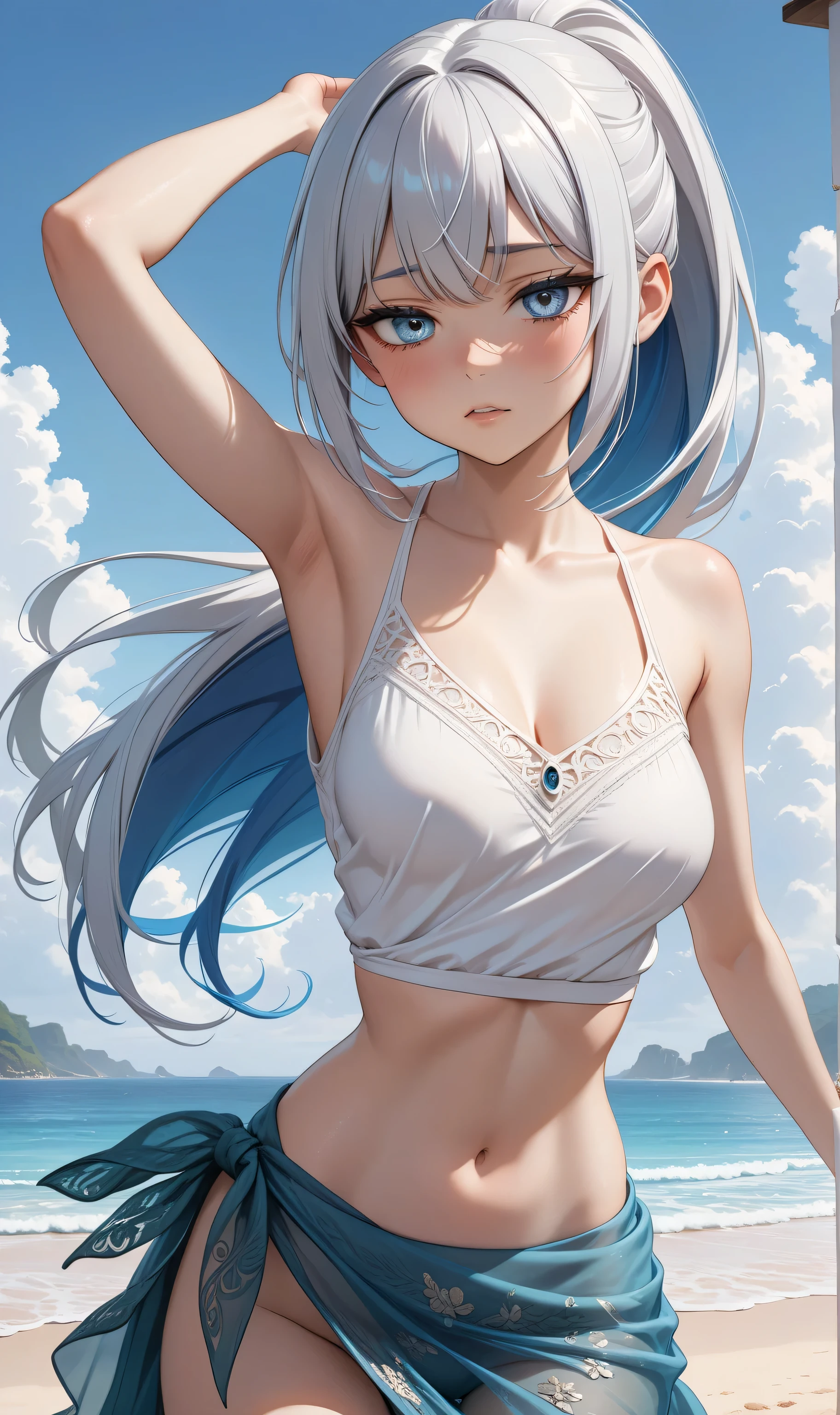 (8K, RAW photo, highest quality, Highly detailed CG Unity 8K wallpaper, masterpiece: 1.2), girl, Beautiful hair in light blue, floating in the sky, Cloud girl, cloud, (close: 1.1), bright, Happy, fun, soft lighting, (bauhaus, shape, line, abstracted: 1.1) cornflower, 細かい目を持つ小さくて美しいgirl, Beautiful hair in light blue, Upper body, The depth of field in the photo was perfect, andレンズフレアは素敵なタッチを追加しました. The fine features of his face really stood out, and、The score of this photo was definitely over 10. in the background, cloudがありました, stunning photo，本当にgirlの美しさとcloudを捉えました. , Accurate depiction of the iris, Look at the audience lovingly，Like a gentle goddess,swimsuit，I can see your stomach，I can see your belly button
