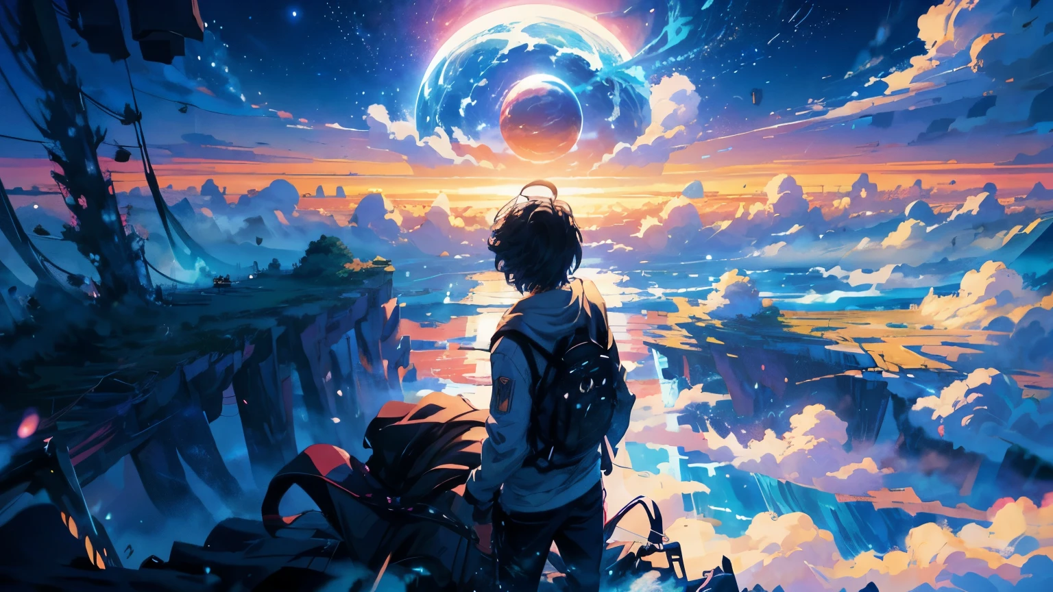 a painting of an anime - style scene of a beautiful sky with a star and a planet, cosmic skies. by makoto shinkai, anime art wallpaper 4k, anime art wallpaper 4 k, anime art wallpaper 8 k, anime wallpaper 4k, anime wallpaper 4 k, 4k anime wallpaper, anime sky, amazing wallpaper, anime background, heaven planet in background, anime background art