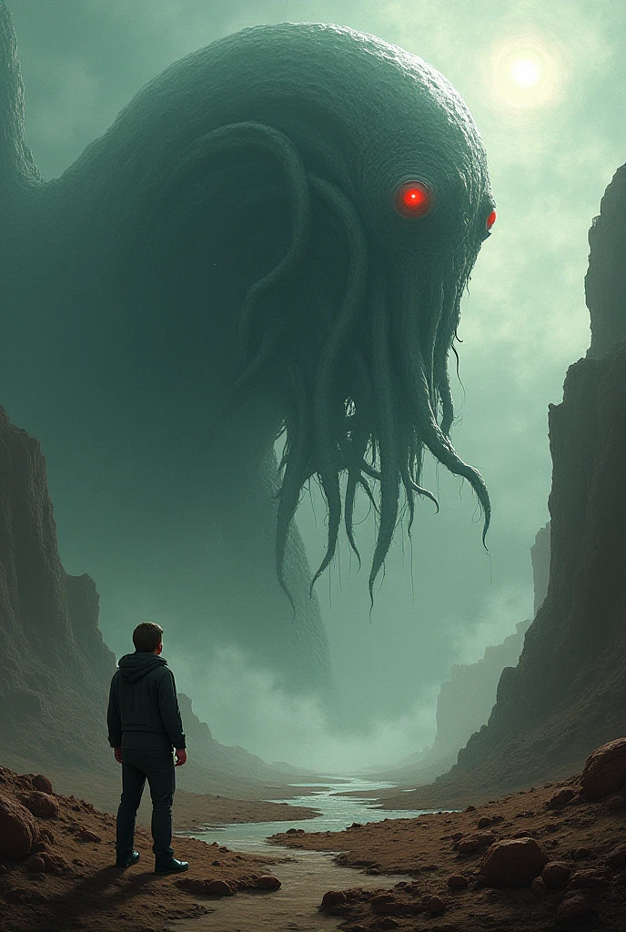 a colossal monster on the horizon of a sad landscape that has a road, horror movies, horor, analog camera textures, lovecraft, horor cósmico