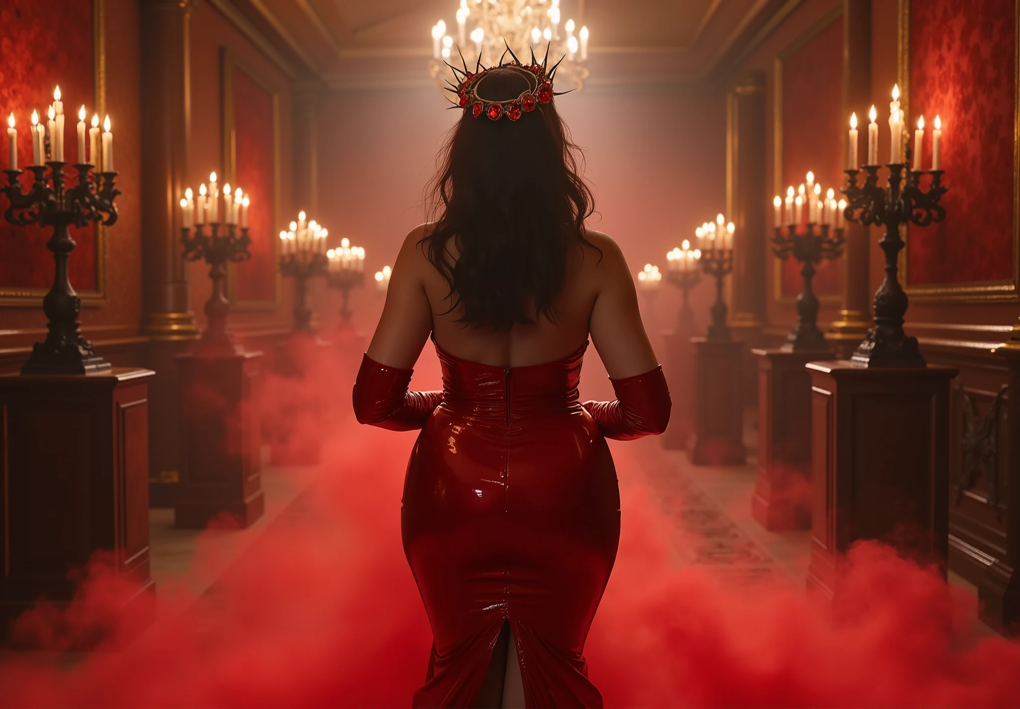 A close-up back-view shot of ANGELA WHITE as a succubus, focusing exclusively on her big round ass and hourglass figure. She stands in the grand hallway of a gothic mansion, her back fully to the camera, with no face visible. The tight red PVC gown clings to her body, the plunging backline and side cutouts accentuating her flawless skin and huge ass.
The lighting is hellish, with red and yellow tones casting sharp shadows that highlight her silhouette and the mansion’s satanic decor: cracked mirrors, black candelabras, and bloodstained tapestries. Crimson smoke swirls around her legs and hips, framing her curves and adding depth to the scene.
A crown of thorns, adorned with blood-red jewels, is visible from the back, sitting atop her head. Her red leather gloves rest elegantly at her sides, contrasting with the dark gown and adding a touch of sophistication.
The image is ultra-detailed and photorealistic, rendered in 8k resolution, with hyper-realistic textures (PVC velvet, leather, skin, smoke, jewels). The mood is seductive, empowering, and visually stunning, blending satanic horror with sensuality. Neon-noir aesthetic, high contrast, vivid colors, 16:9 aspect ratio, Best quality, 8K, highres, masterpiece:1.2, ultra-detailed, realistic, photorealistic, photo-realistic:1.37, vibrant colors, dramatic lighting, cinematic lighting, studio lighting, professional photography, high-quality ultra real.