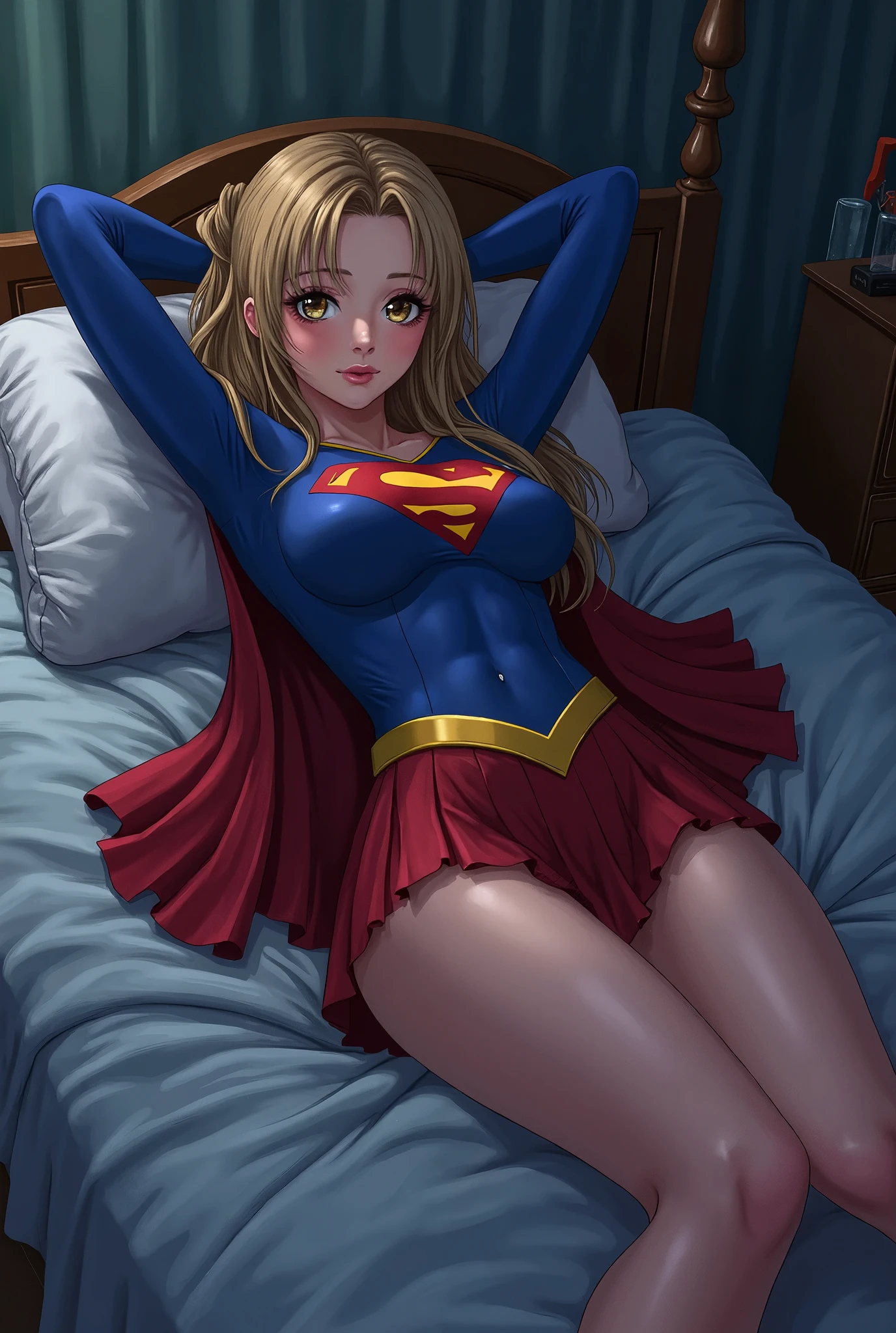 ((highest quality, masterpiece, disorganized) ，supergirl，sleeping face up in bed，Crab crotch，please show me your boots , 17 years old,long hair, hair with volume, hair loss, expressive eyes,Blue Bodysuit，red skirt，red heel boots，view of other buildings ,defeat，