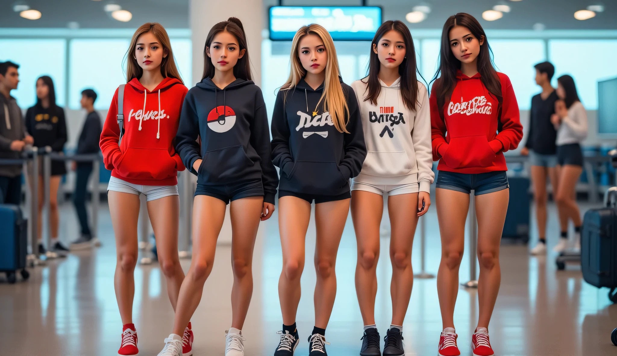 A group of sexy gamer girls in their late twenties. Each one of them is from and represents a different country which is visible in their face features. Each one of them is wearing a hoodie suggesting the country of origin and shorts. They all have sexy long legs and they are all wearing sports shoes. They are standing at the airport.