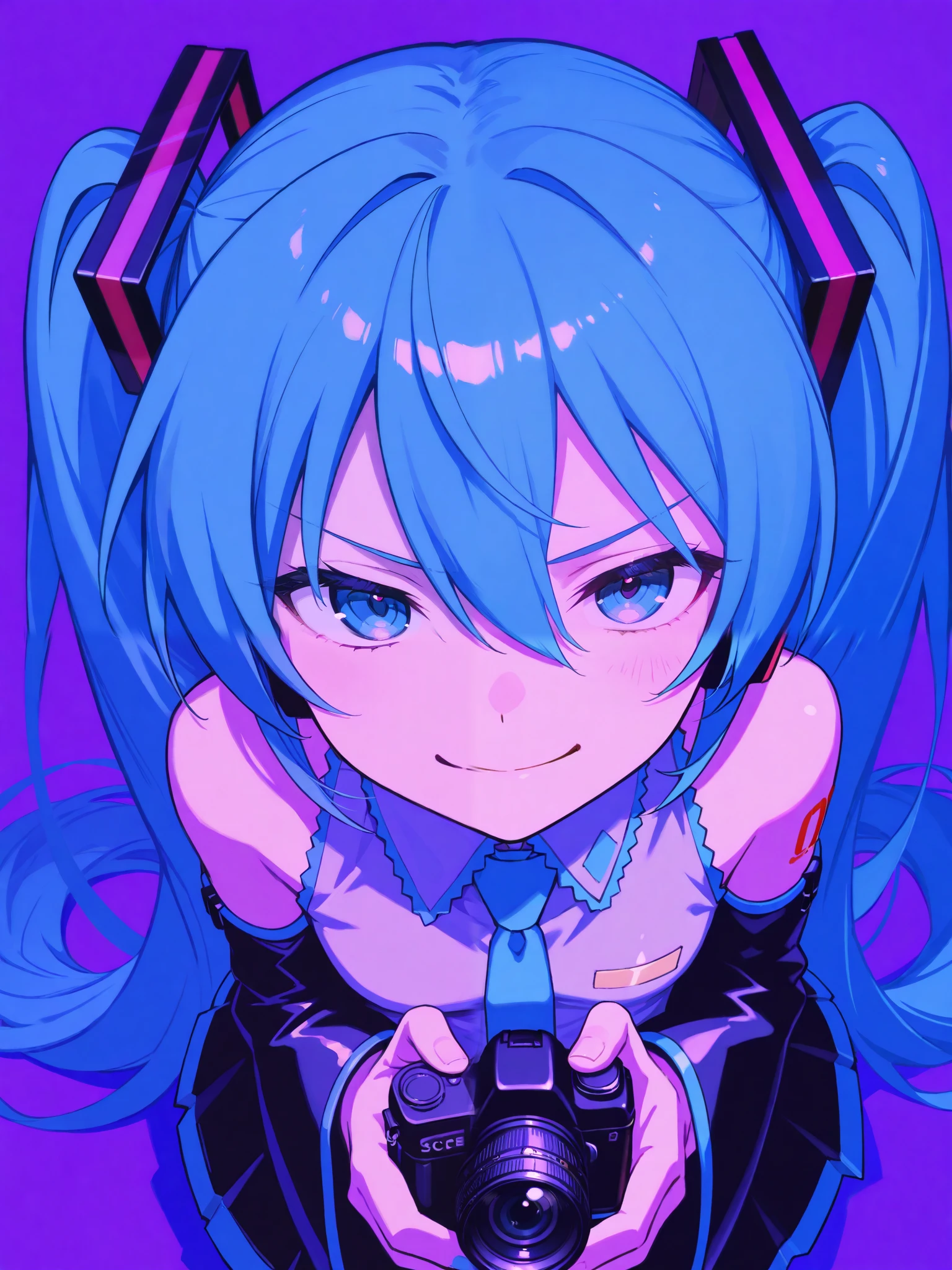 high resolution, masterpiece, anime, miku hatsune, Blue and purple contrast, Looking at the camera , smirk, closed mouth, one hand shows the “peace” sign, perspective , view from above, purple background , line, Anime art, camera near , the eyes are more closed, no camera