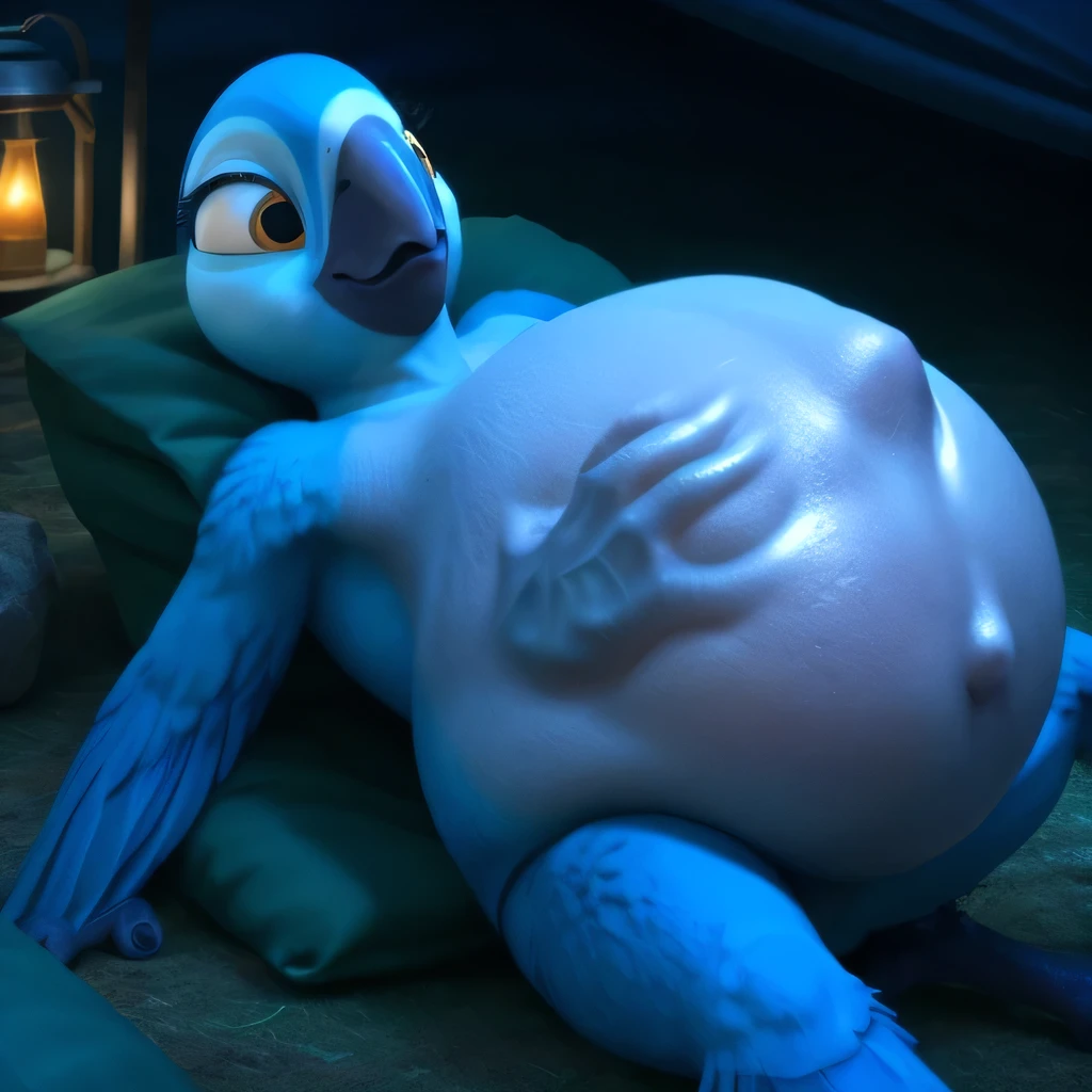 Bia, nsfw, spix macaw,female, blue feathers, 3d, cgi, detailed, big breasts, inside the tent, Night, laying on sleeping bag, vore, vore_bulge, stomach_bulge, stomach_deformation, big belly, hand imprint belly, belly kicks, face imprint flesh belly, alien imprint belly, huge bump imprint belly, lantern background, lighting, close-up, close up belly