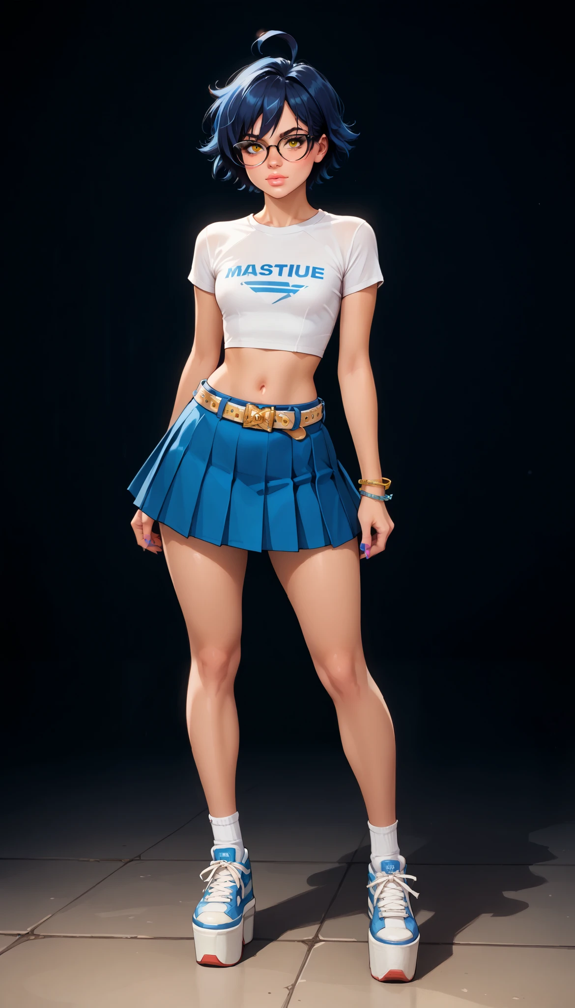 score_9, score_8_up, score_7_up, score_6_up, 8k, high detailed picture, anime style, masterpiece, very young girl, no panty, perfect large breasts, huge ass, fake boobs, disheveled hair, mz, ahoge, short hair, blue hair, yellow eyes, glasses, big brightness eyes, 16k, masterpiece, perfect fingers, tomboy, flat chest, circle-glasses, crop white top, tight pleated blue skirt, belt, very high white socks, thick platform shoes, AniPnyXLQual, gyarufication, nail polish, bracelet, sluty