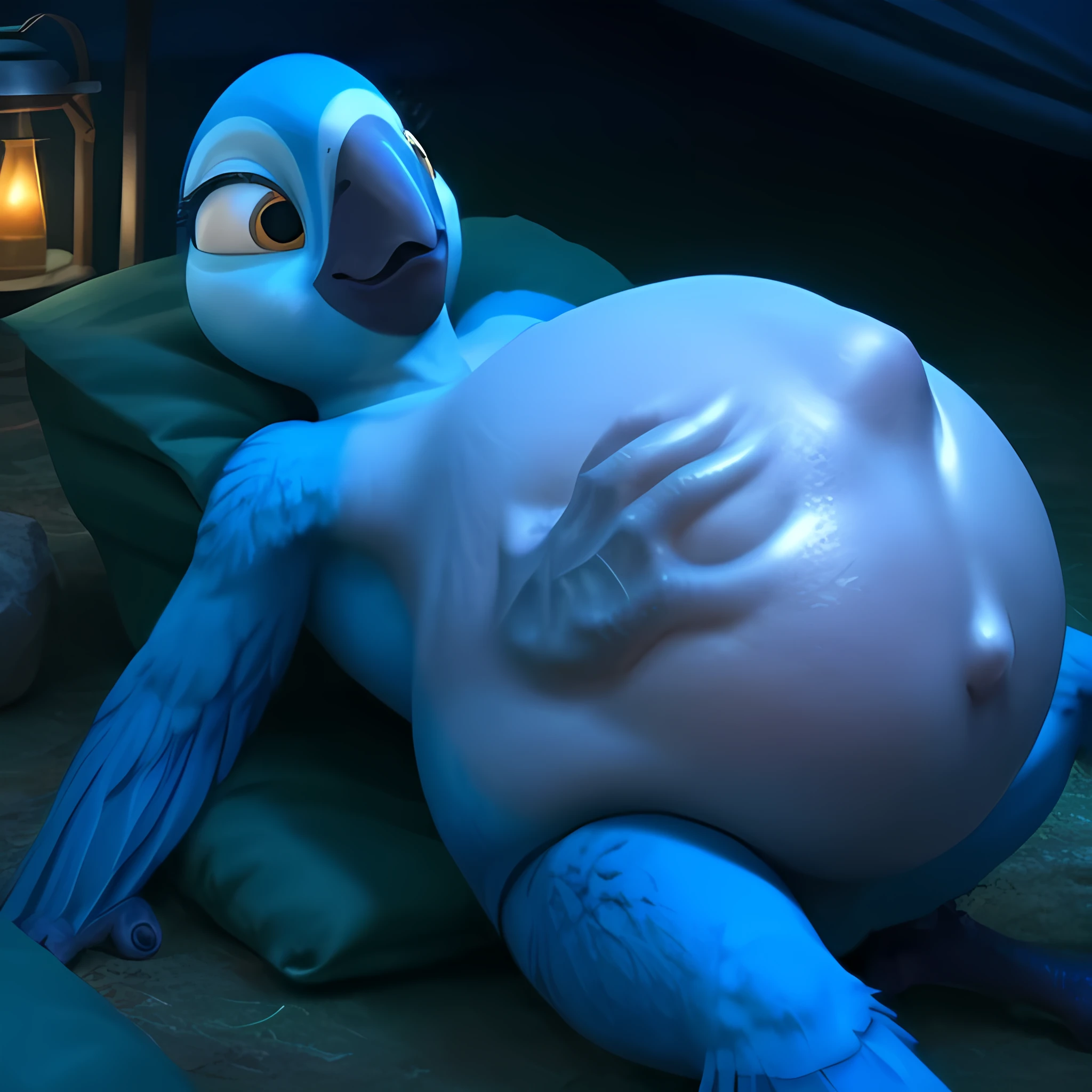 Bia, nsfw, spix macaw,female, blue feathers, 3d, cgi, detailed, big breasts, inside the tent, Night, laying on sleeping bag, vore, vore_bulge, stomach_bulge, stomach_deformation, big belly, hand imprint belly, belly kicks, face imprint flesh belly, alien imprint belly, huge bump imprint belly, lantern background, lighting, close-up, close up belly