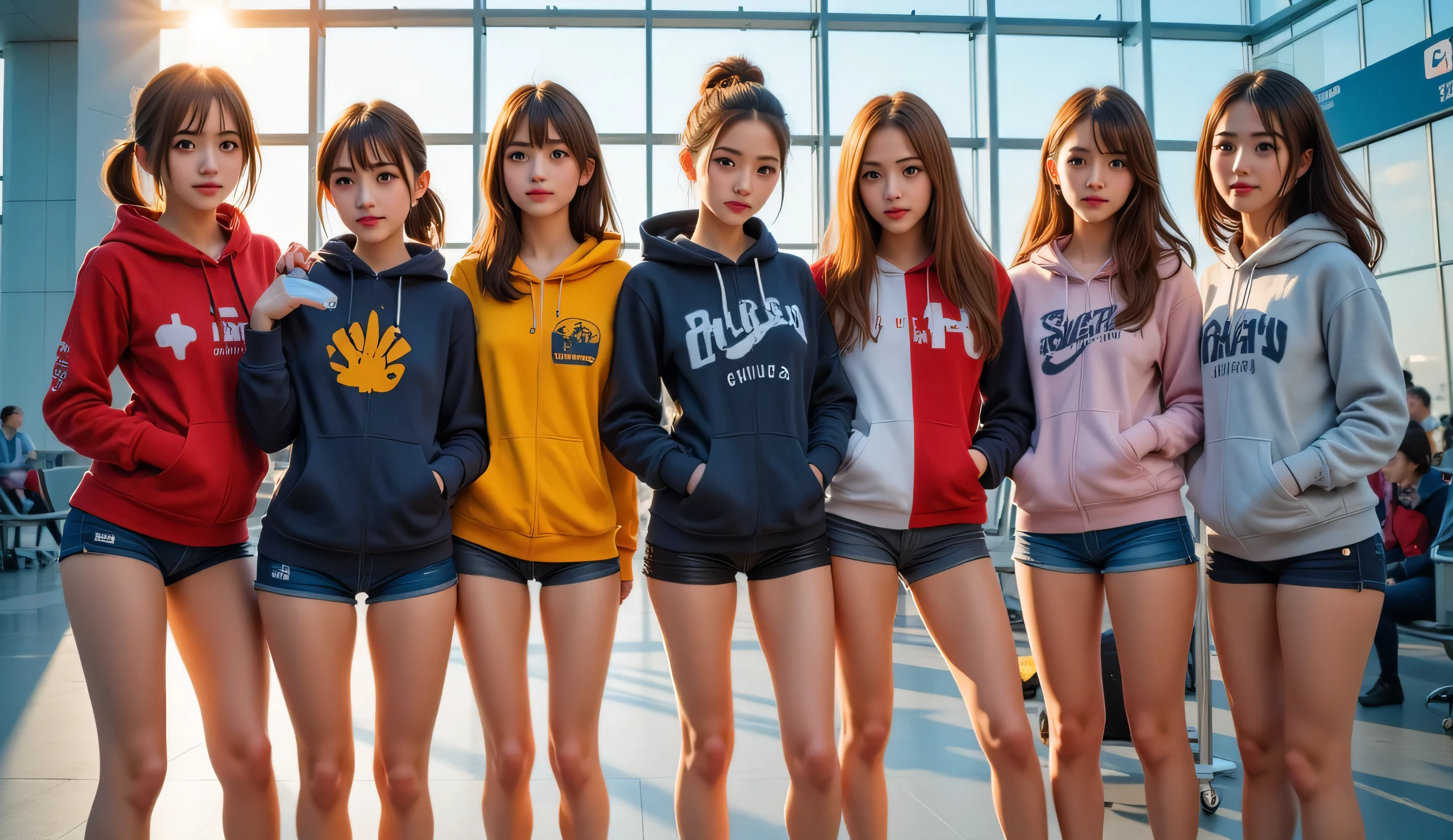 A group of sexy gamer girls in their late twenties. Each one of them is from and represents a different country which is visible in their face features. Each one of them is wearing a hoodie suggesting the country of origin and shorts. They all have sexy long legs and they are all wearing sports shoes. They are standing at the airport.