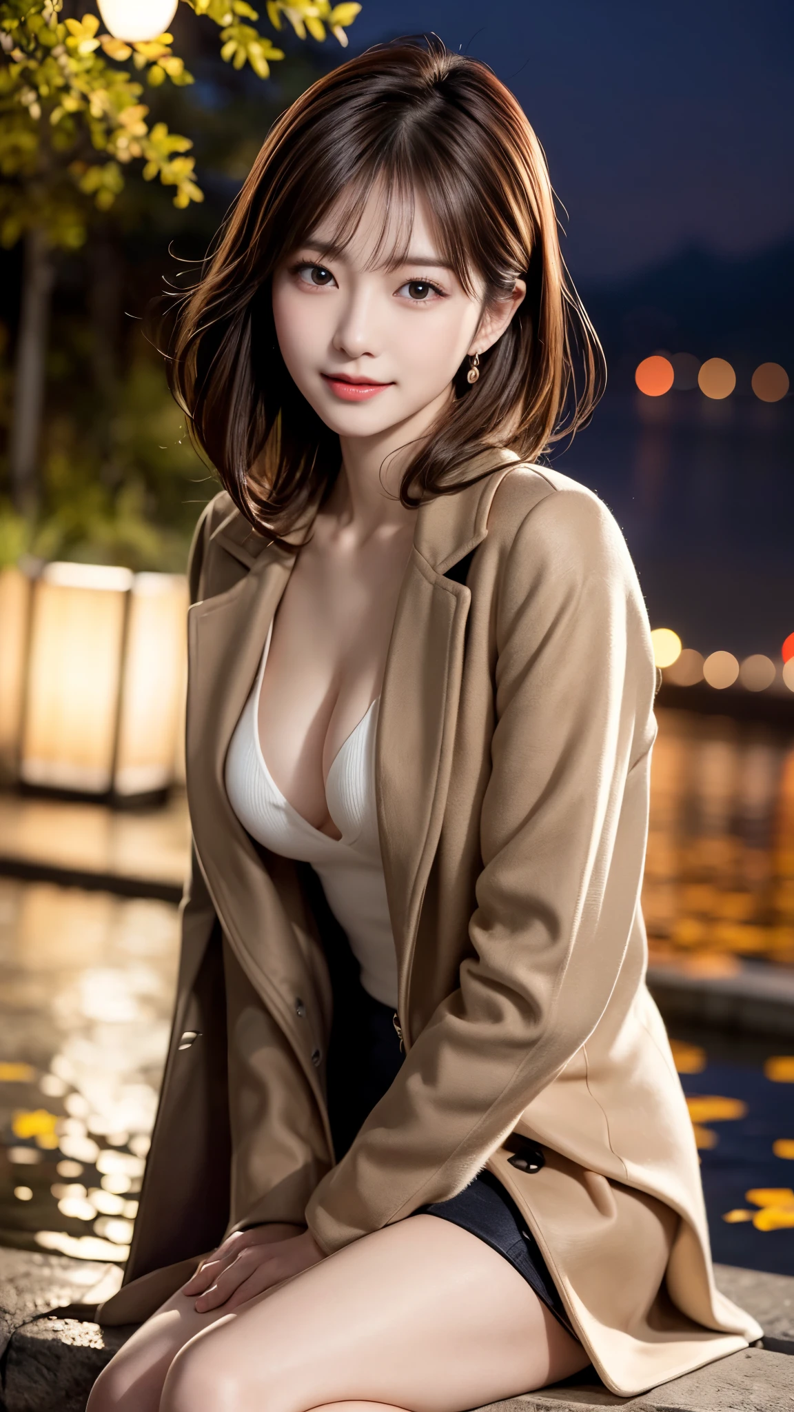 in 8K、超A high resolution、Best Quality、masutepiece 、(quite massive chest、cleavage of the breast、Protruding chest、Expose your breasts、Do not hide all breasts、Beautiful nipple:1.28)(fullnude、Beige trench coat:1.55)(Walk in the park at night、fullnude:1.55)Short-haired black hair、Happy smile、Big dark eyes、lipgloss、a necklace、pin heels、Park at night