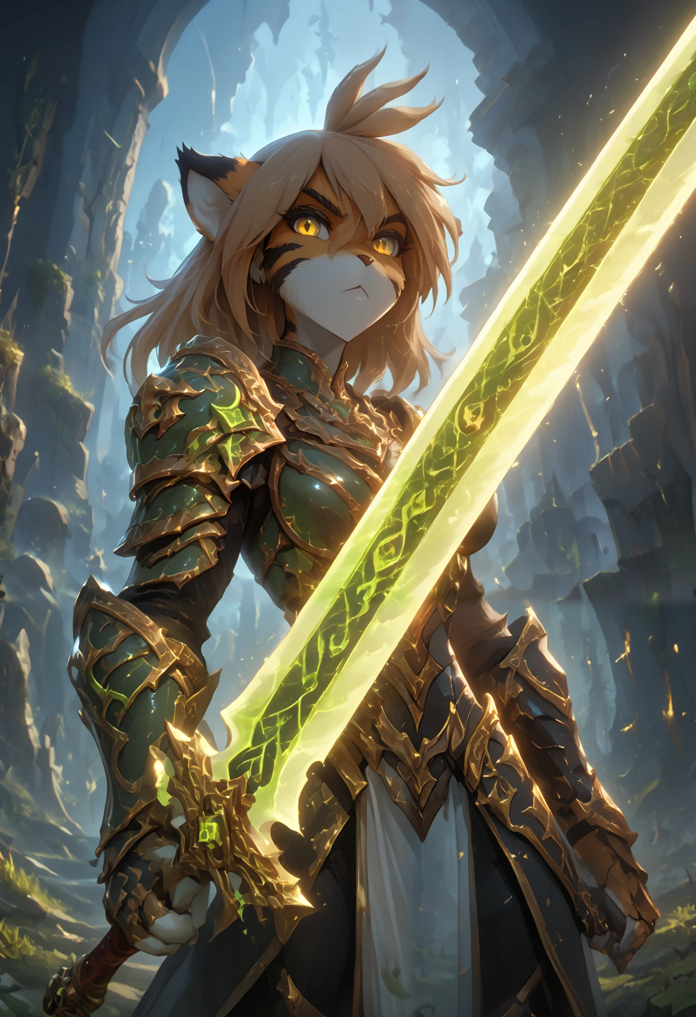 score_9, score_8_up, score_7_up, source_furry, furry, 1girl, source_furry, solo, tkflora, tiger, striped fur, keidran, yellow eyes, anthro, (pov, beautiful female furry holding an energy wielding sword, brutal armor, chaos background)