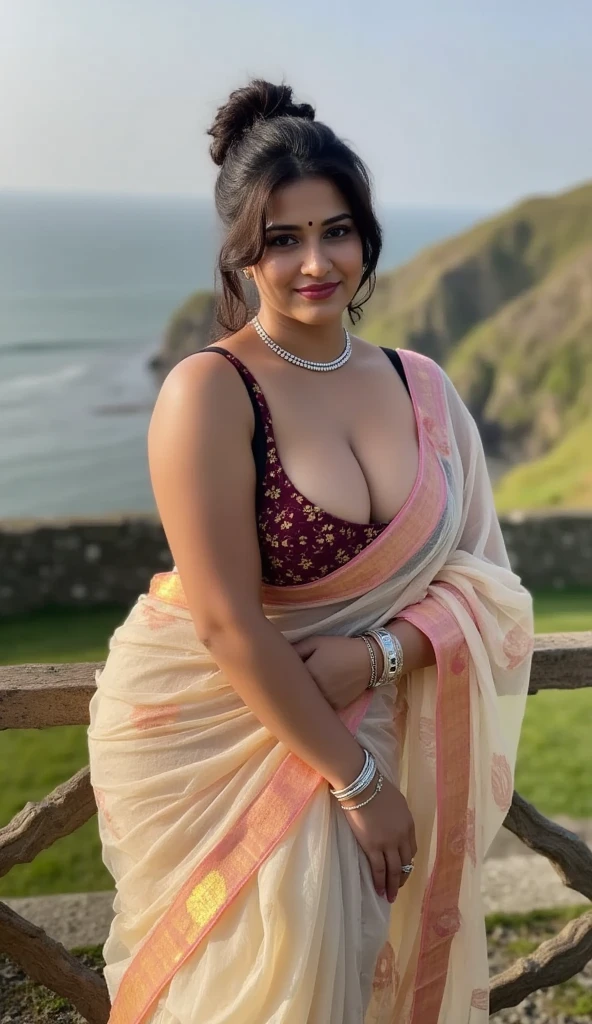 saira banu 26 years old beautiful different face cute sexy Indian girl, curvy figure, beautiful different colorful covered blouse Banarasi saree, big c-cup tight breast, different bun hairstyle, bright eyes, thin eyebrows, fair skin, blushing cheeks, head to thigh view, smiling face, Kamasutra expression, Straight front view standing beautiful different mountain on village background, ultra realistic, head to thigh view, black hair, Provocative eye Contact, glossy lips, raining weather, attractive eye contract face