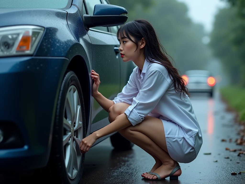 (A teen girl desperately can’t hold it anymore) (no restrooms around) (she made her parents stopped the car in from of traffic to relieve herself ) (Realistic) (she is urinating (urgently) at side of the freeway) ( sitting on the car with the open car door to hide. She really needed to go