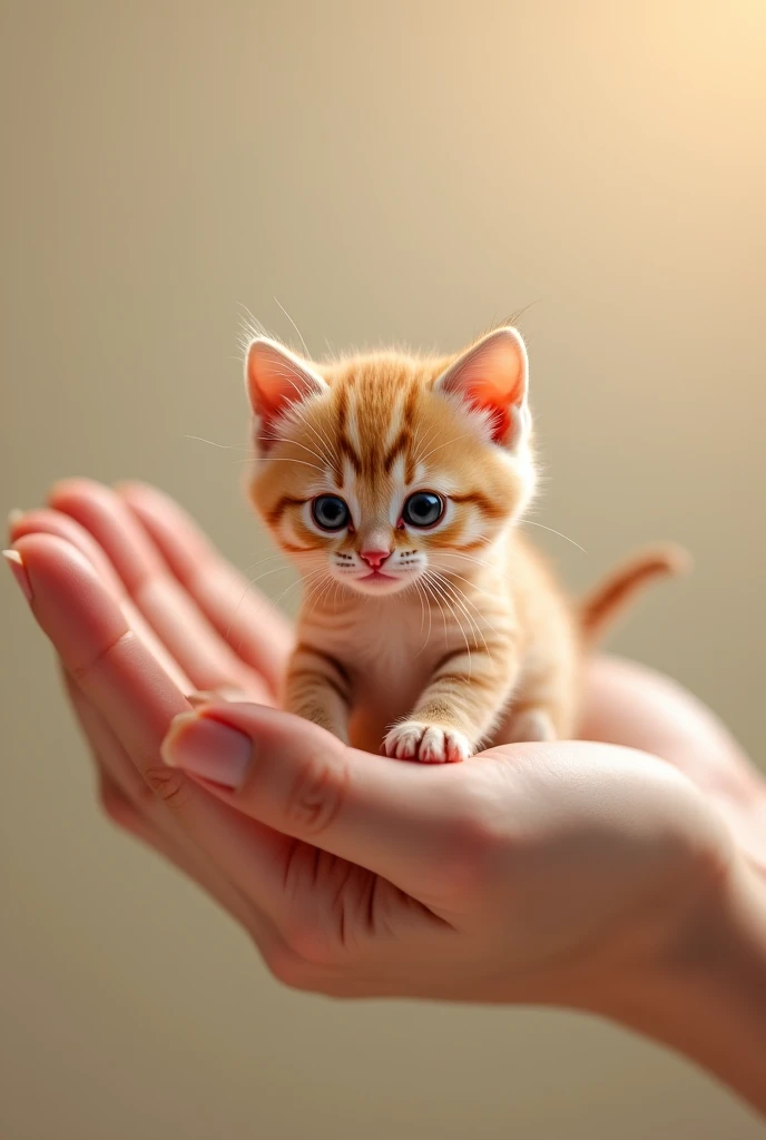(photorealism:1.2), cute miniature, light orange and white colour kitten, sitting in the tip is the fingers of a beautiful girl.