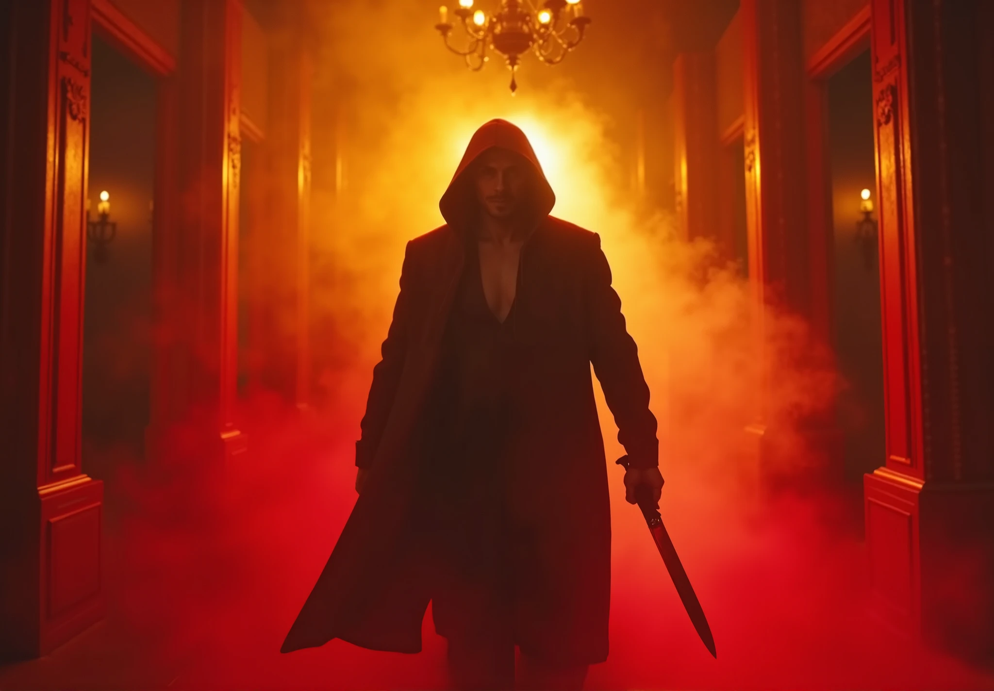 A cinematic back shot of the hooded man bursting into the grand hallway of a gothic mansion, his knife raised and ready to attack. His figure is silhouetted against the reddish and yellow hellish glow of the room, his long black hoodie flowing slightly as he moves with determination. The dim chandelier light casts flickering shadows across the scene, while the red and yellow neon lights create a stark, eerie contrast.

The reddish smoke swirls around him, blending with the yellow glow to create a cinematic, otherworldly atmosphere. The ornate architecture of the mansion is partially obscured by the smoky haze, adding to the tension and mystery.

The mood is intense and foreboding, with a chilling sense of danger and suspense. The scene is ultra-detailed, photorealistic, 8k resolution, with hyper-realistic textures (the hoodie, the knife, the smoke) and cinematic lighting. Neon-noir aesthetic, high contrast, vivid colors, 16:9 aspect ratio, Best quality, 8K, highres, masterpiece:1.2), ultra-detailed, realistic, photorealistic, photo-realistic:1.37, vibrant colors, dramatic lighting, cinematic lighting, studio lighting, professional photography, high-quality ultra real.