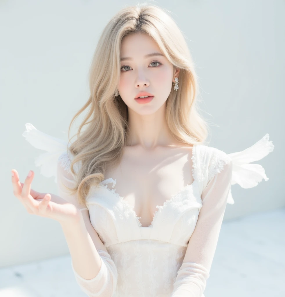 (((best quality))), (((ultra detailed))), (((masterpiece))), illustration,((1 beautiful little girl,solo,angel)),((fair skin,shoulder length straight blonde hair,blue eyes)),(earrings,crystal necklace),((big round face,double chin)),((plump,fat,obese,overweight)),(((gigantic breasts,towering chest,cleavage,underboob,pregnant,gigantic belly))),joyful expression,(white wings:1.3),(flowing short-sleeved white sheer dress:1.3),((In heaven, garden setting)), vibrant flowers,(colorful flowers:1.3),lush grass, gentle breeze, (clear sky, fluffy clouds, shining sun),((from front,standing,upper body,arms behind back)),((pantyhose))