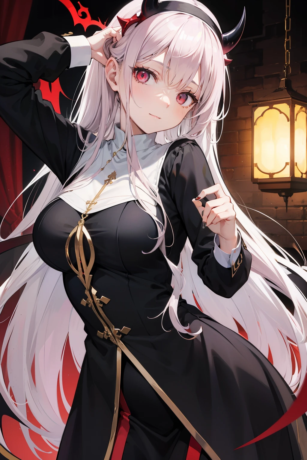 A demon girl with long golden hair, evil eyes, devil horns, and wearing a nun's uniform.