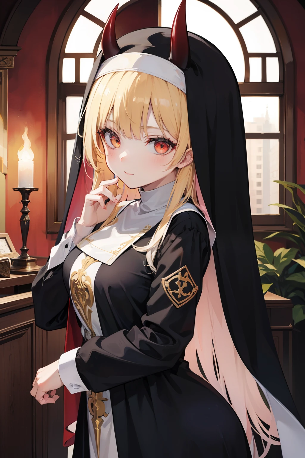 A demon girl with long golden hair, evil eyes, devil horns, and wearing a nun's uniform.