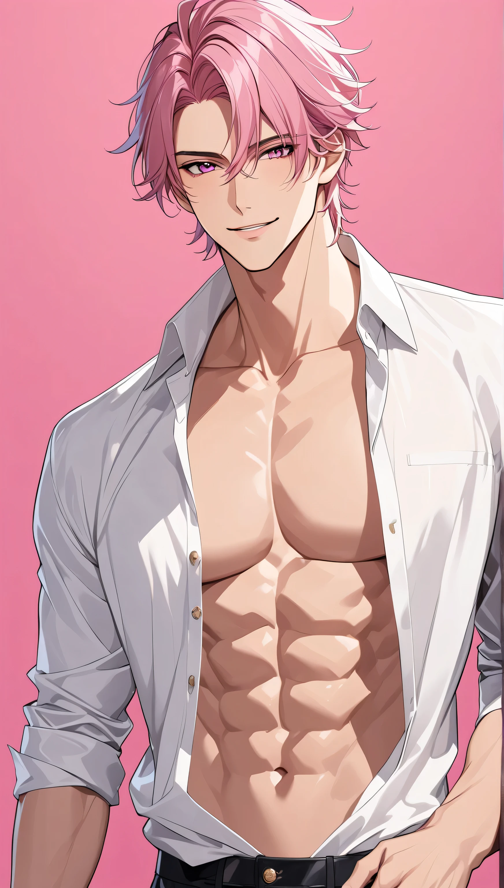 top quality Masterpiece high definition Masterpiece , pink hair man, pink Eyes man plain backround, no backround, white backround, male, mascular body , handsome, ikemen, band, sexy, abs, anime hair, bangs, flirty, seductive, smirk, partly unbottoned shirt