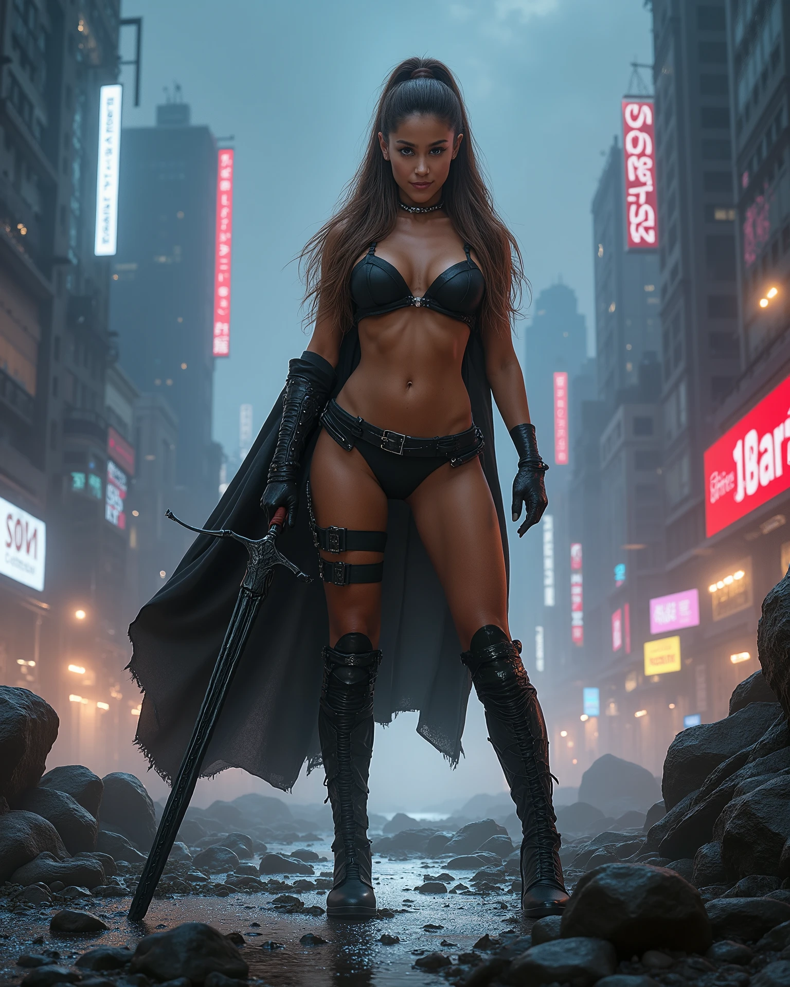 A towering figure of a woman, her form impossibly curved and exaggerated, dwarfing everything in her path. Her skin is a luminous shade of deep blue, reflecting the city lights that surround her. Her long, flowing hair, the color of molten gold, billows out behind her like a magnificent cape, seemingly unaffected by the chaos below. She stands with one hand on her hip, the other casually resting on a skyscraper as she gazes down at the destruction she has wrought. The city sprawls out behind her, reduced to a sea of crumpled buildings and clouds of dust. A massive crack runs through the center of the city, splitting the skyline in two, as if she were some ancient goddess cleaving the earth in two. Her features are strikingly beautiful, her lips full and red, her eyes a piercing shade of emerald green. Around her neck, she wears a collar of shattered buildings and twisted metal, as if she were some sort of urban goddess, both destroyer and creator. The tagline at the bottom of the poster reads: "When she plays, the city pays."