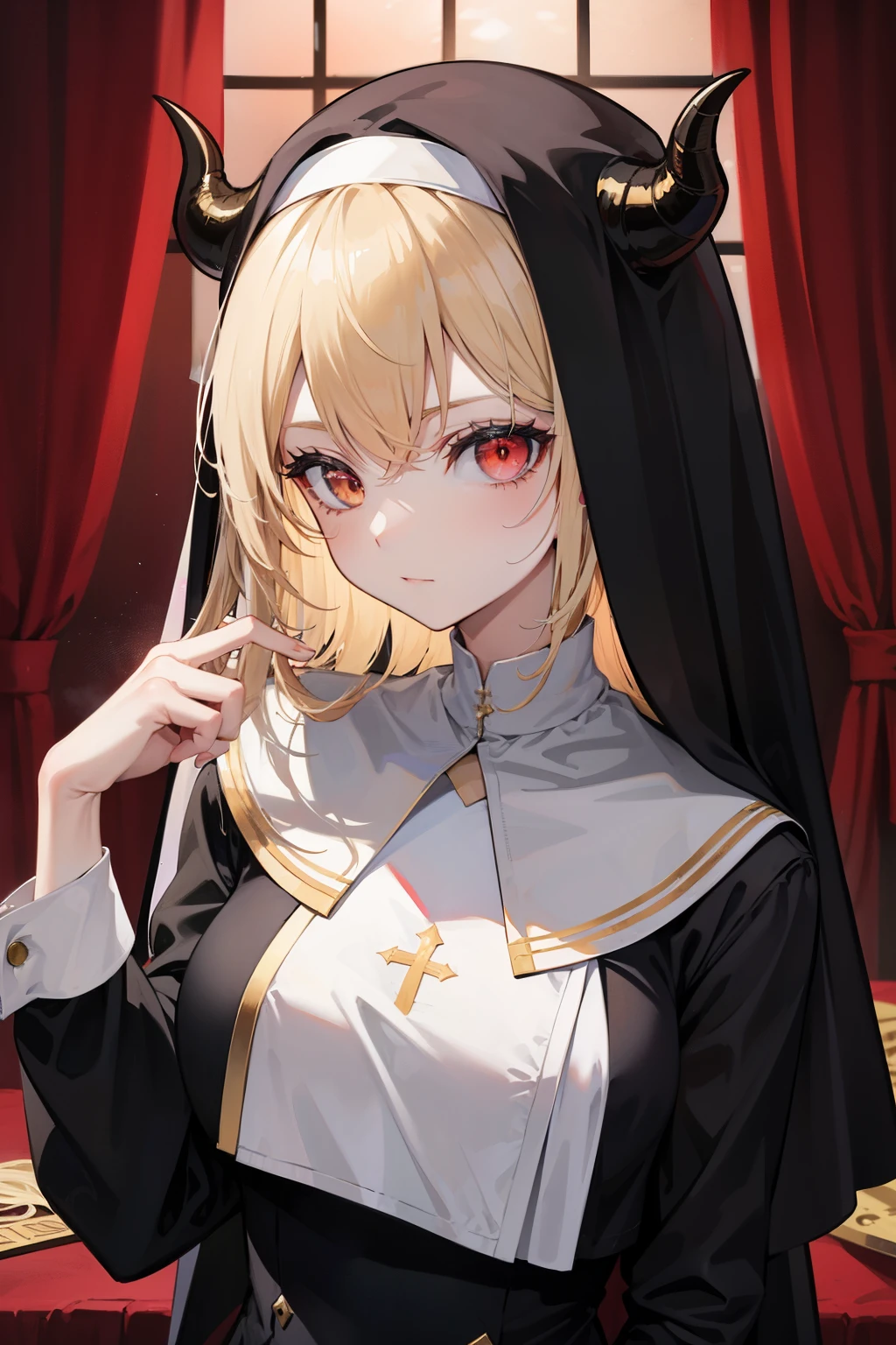 A demon girl with long golden hair, evil eyes, devil horns, devil tail, and wearing a nun's uniform.