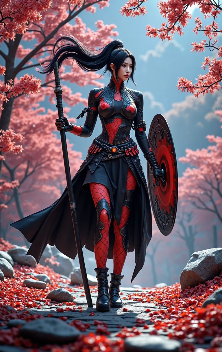 A female ninja on her way to her enemy,sexy full body, ponytail hair, skull drawing mask,sexy ninja suit, holding a metal battle knife,tattoo,BREAK japanese pagoda,pond, Sakura tree, kunai and shuriken lay around,artwork,3D,4K,Detailed,Realistic,4k highly detailed digital art,octane render, bioluminescent, BREAK 8K resolution concept art, realism,by Mappa studios,masterpiece,best quality,official art,illustration,ligne claire,(cool_color),perfect composition,absurdres, fantasy,focused,rule of thirds