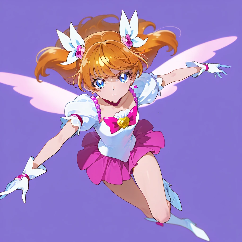 anime source, 1girl, looking at viewer, simple background, full body, flying, gloves, leotard, skirt, precure face,