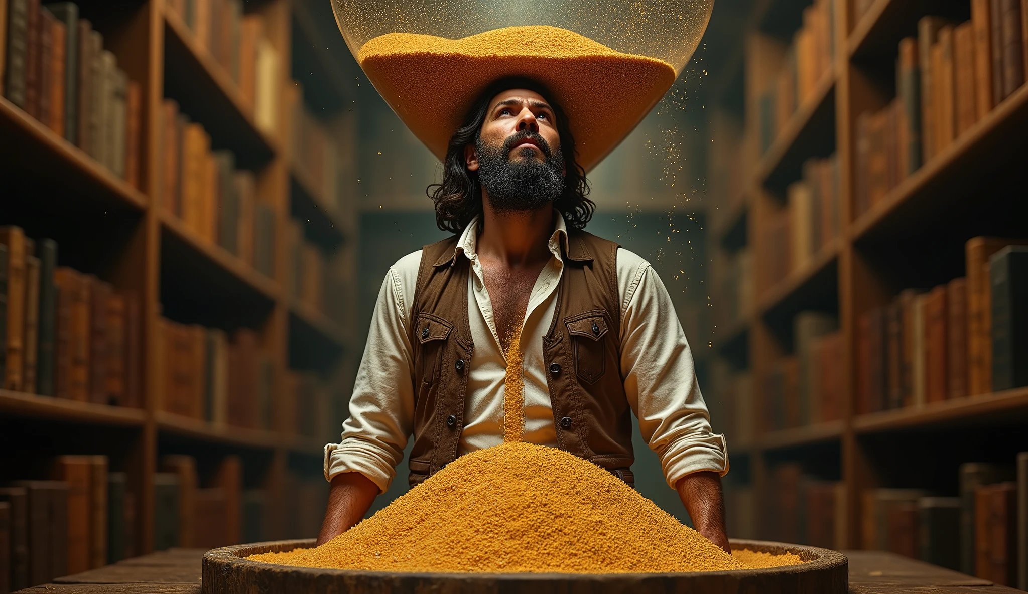 A rugged 30-year-old man with a thick beard and mustache, long dark hair, and a determined expression. He wears a vintage white shirt with rolled-up sleeves, a brown vest, and dark blue jeans. He stands inside a colossal antique hourglass, buried knee-deep in fine golden sand. His gaze is fixed upwards as sand continuously falls from above, creating a sense of urgency and tension. The massive hourglass is made of aged wood and glass, placed in a grand, ancient library filled with towering wooden bookshelves and dusty old books. Dim, moody lighting casts warm golden and amber hues, highlighting the details of the sand, glass reflections, and the man's intense expression. The atmosphere is dramatic, evoking a feeling of struggle against time, yet his stance remains resolute. Hyper-realistic details, cinematic composition, highly detailed textures, intricate lighting effects, ultra-HD, 8K resolution, masterpiece, photorealistic, volumetric lighting, dramatic shadows, soft focus on background."