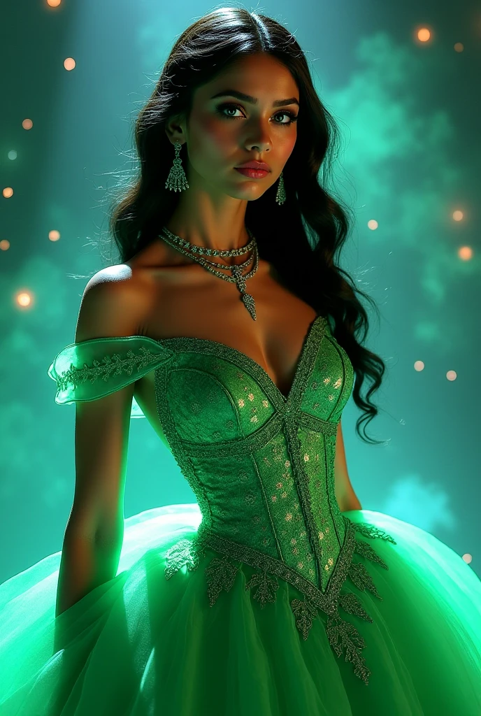 long black hair is pulled up piercing blue eyes  dark pink lipstick she is wearing a sprkling green figure skatng mini dress  that is coverd in green jewels and glitter her makeup also has glitter and there is a princess crown made of jade diamonds on her head nesstled in her hair