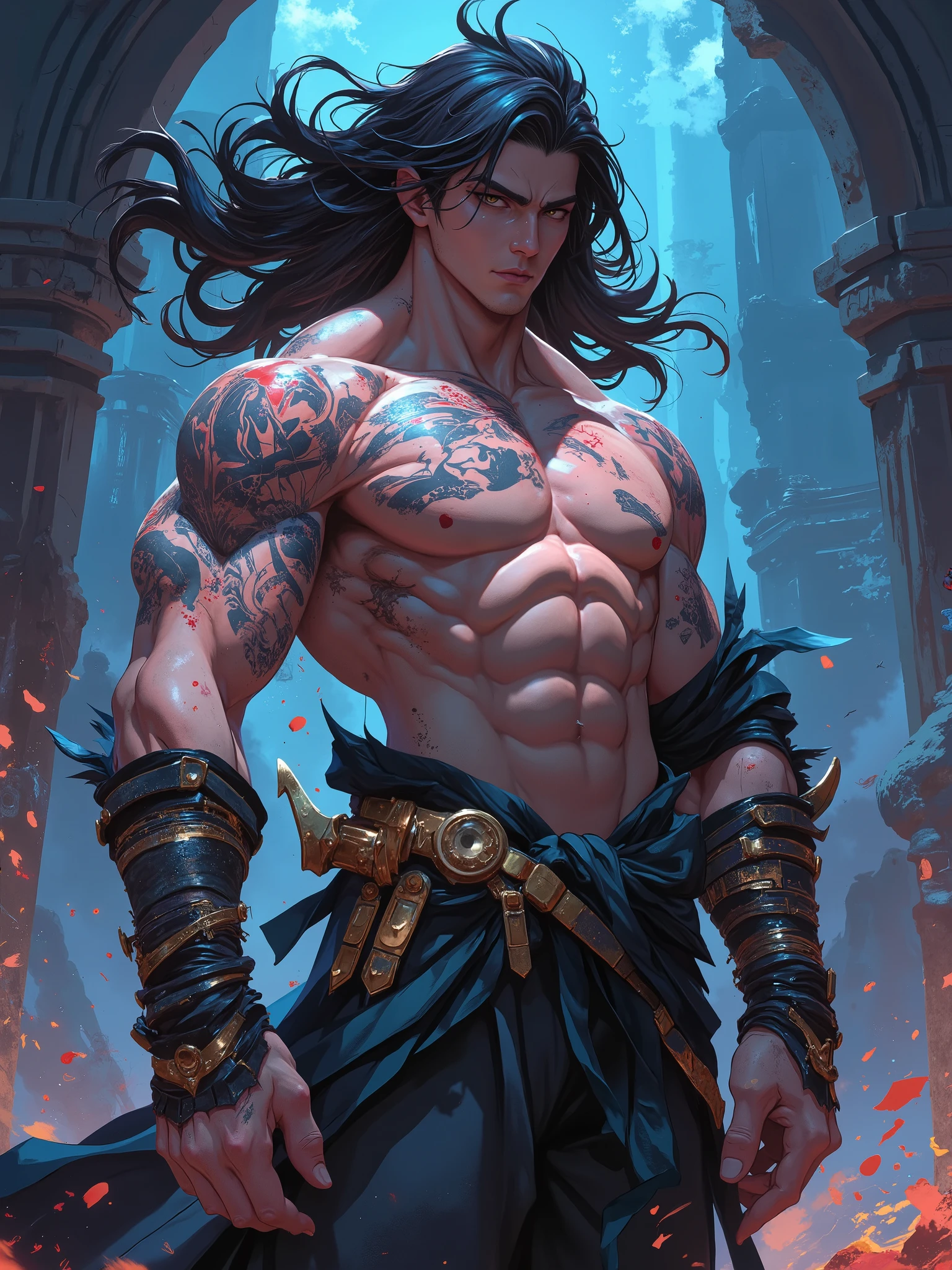  muscular man,  athletic body , anime, Fantasy,  black hair ,  scars on the body.