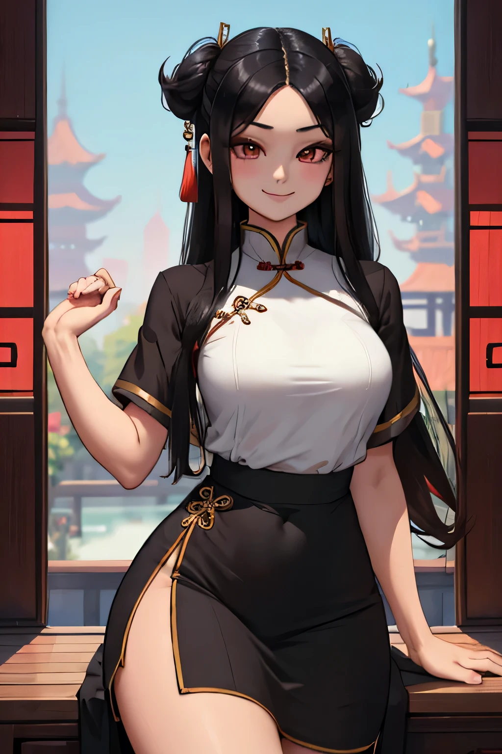 (8K、Top image quality、top-quality、masterpiece)、A detailed face、1 girl in、black hair double bun、blunt bangs、red eyes、smil、Moderately breasts、((red chinese clothes))、long-sleeve、side slit、((black pantyhose))、red panties、Red High Heels、squatting、open legs、Taken from below、natta、((Back alley background))