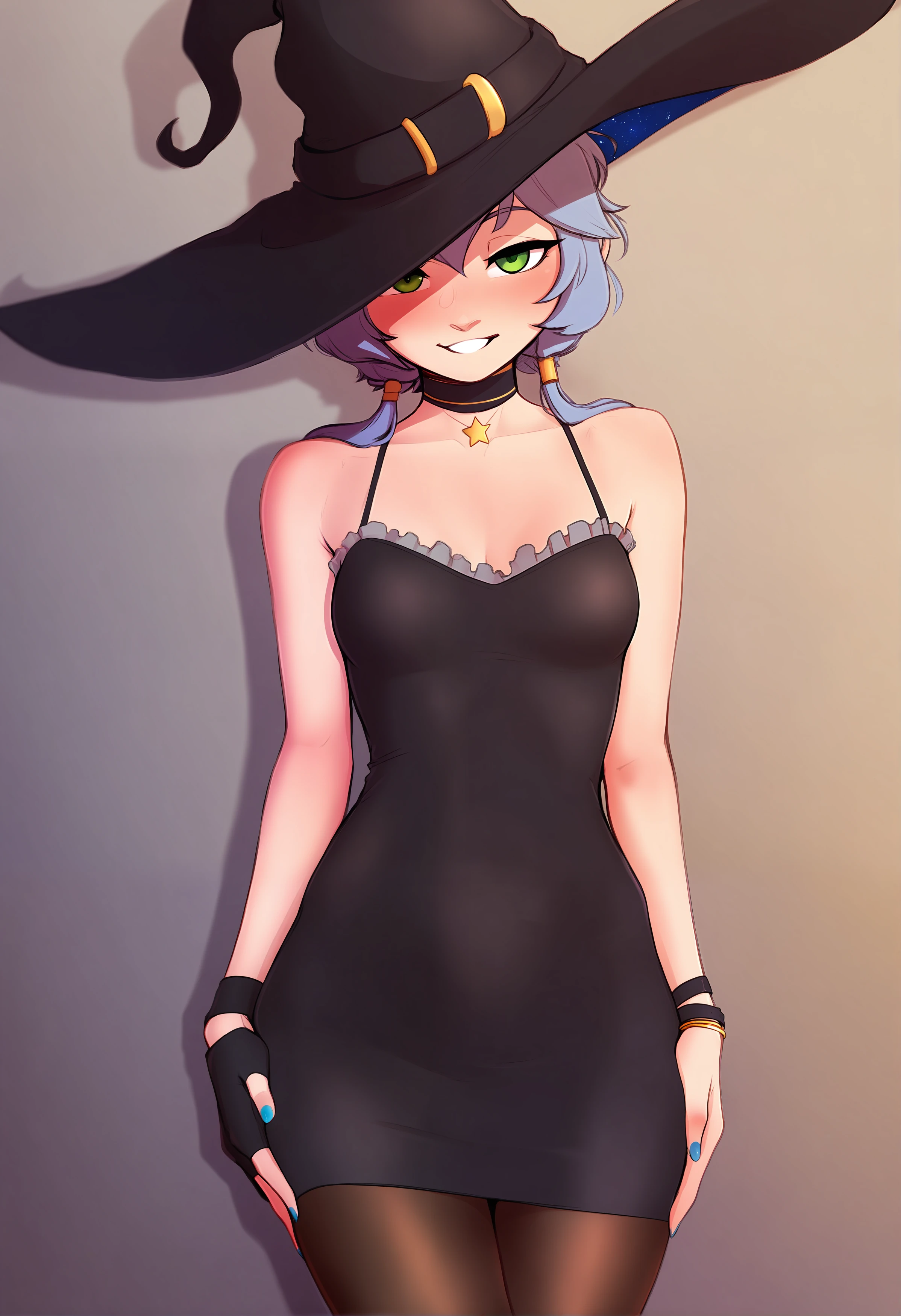 purple clothes, witch in strapless bodycon, lustrous dark skin, wasteland background