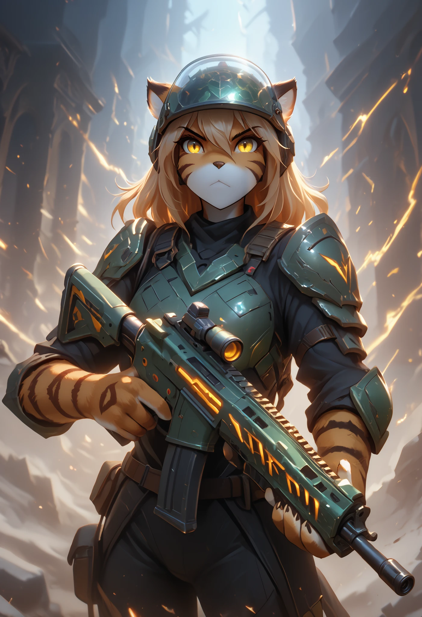 score_9, score_8_up, score_7_up, source_furry, furry, 1girl, source_furry, solo, tkflora, tiger, striped fur, keidran, yellow eyes, anthro, (pov, beautiful female furry, energy assault rifle, brutal armor, brutal helmet, general of world army, chaos background)