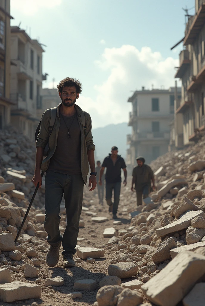 MAN WITH A FEARFUL FACE DESPERATELY RUNNING TO ESCAPE FROM A POST-APOCALYPTIC CROWD WITH AN AJJO DESCENDING FROM THE SKY