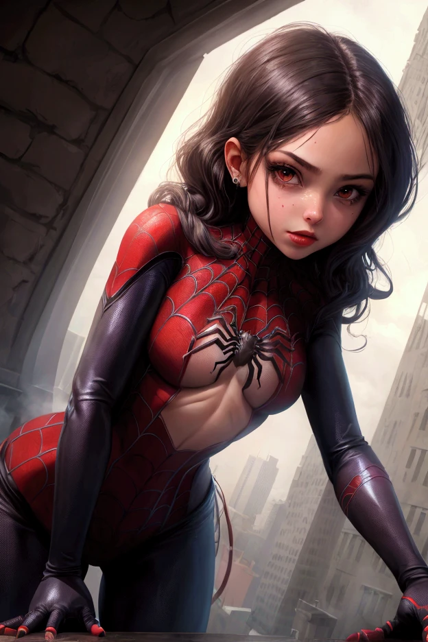 Generate a photorealistic masterpiece from a low angle featuring a woman in a red and black and white Spider-Man suit. She's unmasked with a pretty ginger face, Korean features, freckles, ((thin waist, slender figure, small breasts)), petite figure, in a squatting position, posing like Spider-Man, ((sitting on the edge of the rooftop overlooking the city)). Sexy smile and eyes. The camera angle should capture the exterior of the building she's on. Emphasize the wind blowing, her red hair flowing elegantly, fingers spread, and ((breast cleavage exposed in the skin-tight suit)), Ensure intricate details, realistic human anatomy , correct face proportion and position and capture the scene with a compelling low angle shot, detailed pupils in eyes, visible pupils,