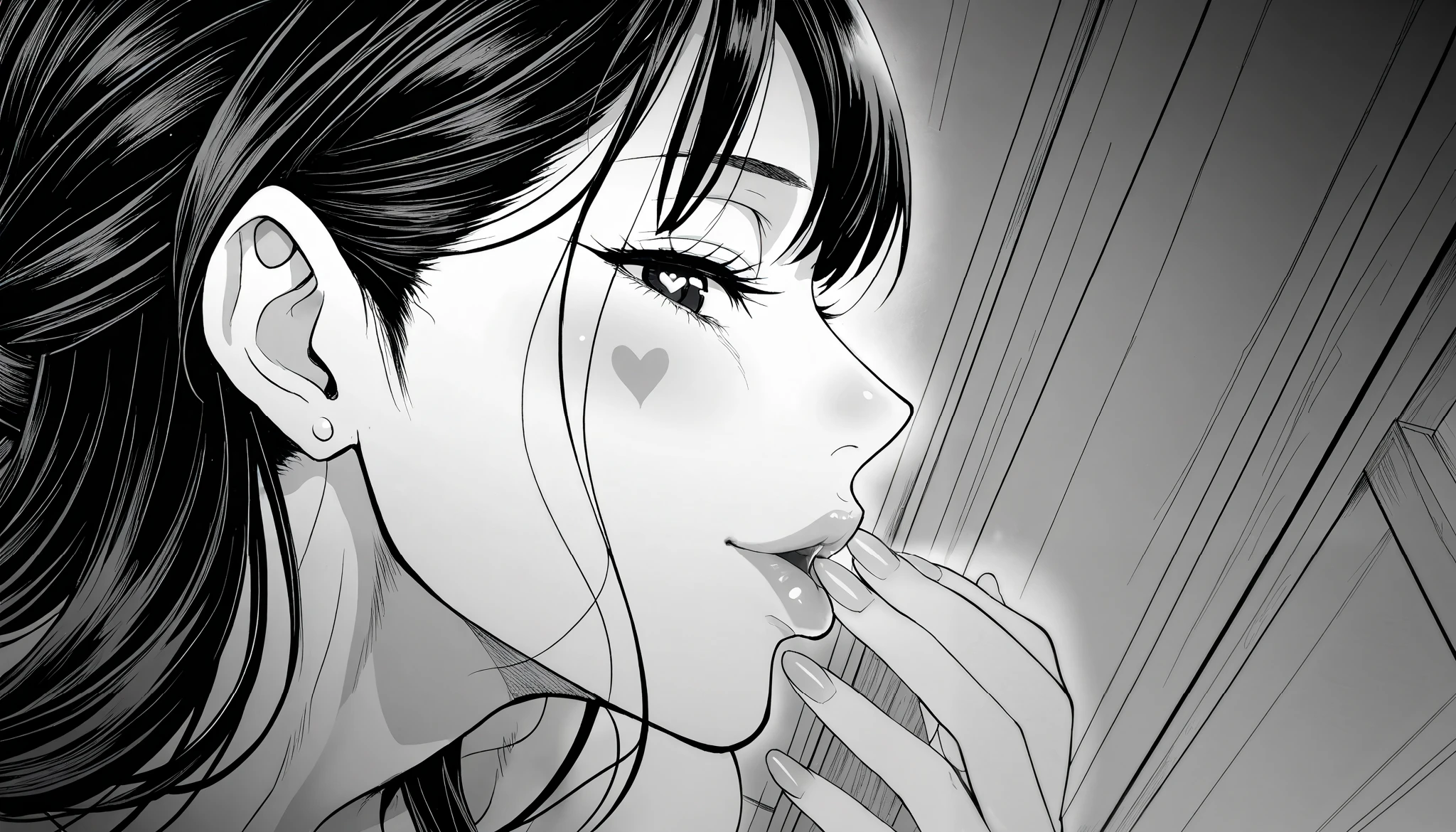 mature woman,housewife,A hentai manga scene , a detailed black and white manga panel, an intricate line drawing , a very detailed anatomy , erotic, sensual, Explícita, suggestive, beautiful detailed eyes , beautiful detailed lips , extremely detailed face, long eyelashes , seductive expression , provocative pose, dynamic composition , HIGH CONTRAST, dramatic lighting , melancholic atmosphere , seen from above, masturbation,heart shaped eyes, anal sex, in profile