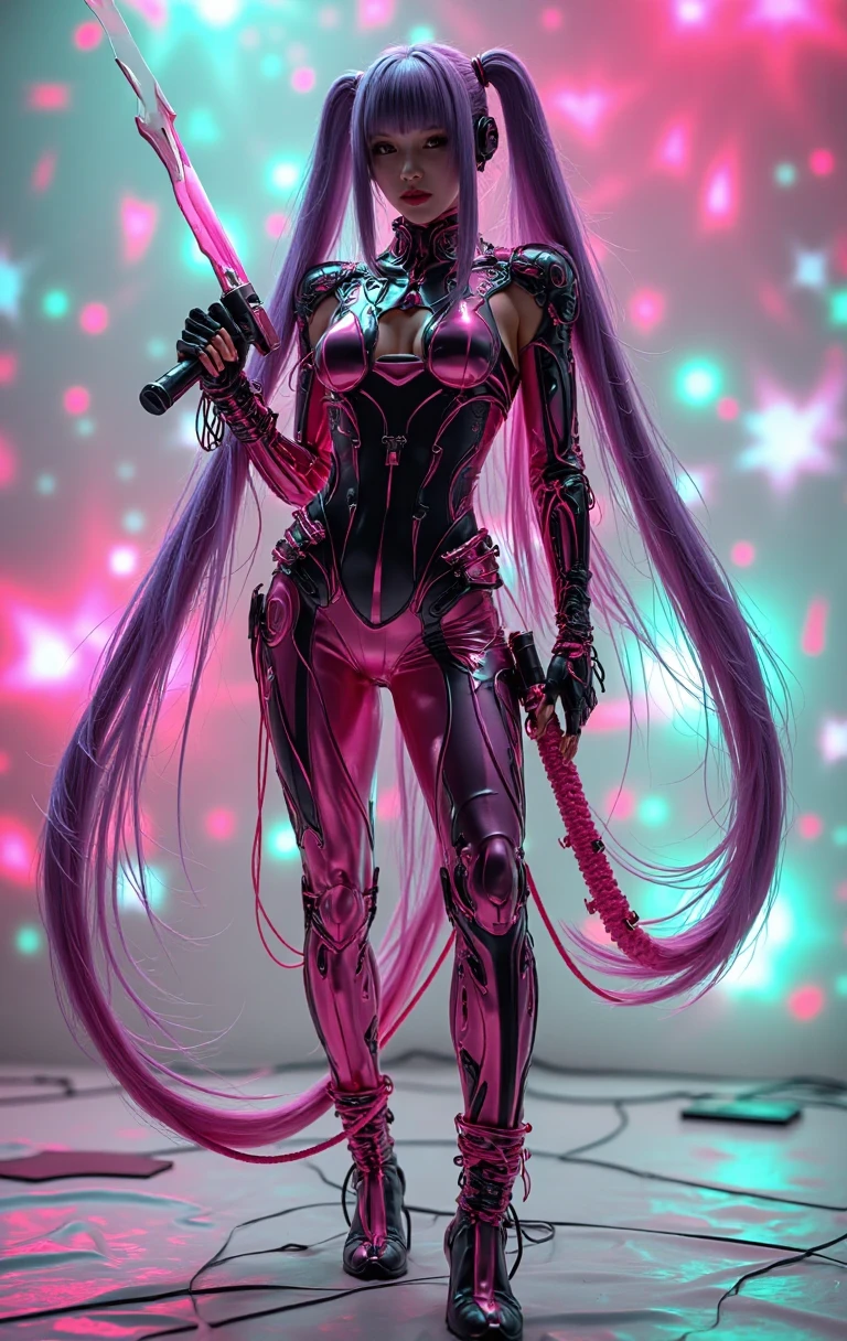 closeup, lala Staline deviluke, alone, [dark blue and pink hair: blue and pink hair:0.2], cyberpunk, high tech, V, mechanical parts, looking at audience, black eyes, long hair, luminous laser female super tech jumpsuit, cyberpunk mechanical body parts, with tattoos, interior, luminous laser earrings. high contrast, night, black, [freckles:0.9], reflective transparent rainbow, long hair, breasts, white skin most beautiful Korean woman's face, seductive expression, (relaxed pose: 1.5), eva, complex background, Sony a6300, extremely beautiful and gorgeous anime illustration, with cinematic perspective，(relaxed pose: 1. 5), eva, complex background, Sony a6300, extremely beautiful and gorgeous anime illustration with a cinematic perspective.