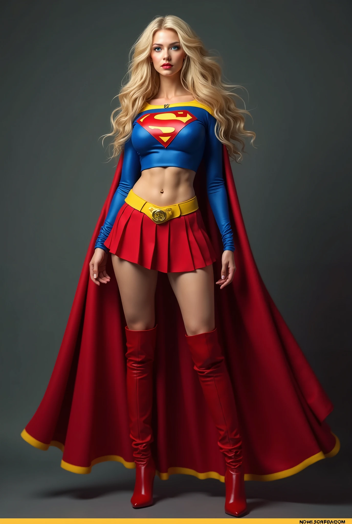 A SEXY BUSTY BLONDE TEEN FEMALE WITH BLUE EYES WEARING A 1970 SPLIT OPEN V BUTTONLESS FULL LENGTH BLUE V BLOUSE WITH A "S" EMBLEM ON THE RIGHT SIDE OF HER CHEST, A PAIR OF RED SHORTS WITH A YELLOW BELT, TALL RED HEELED BOOTS, AND A LONG FLOWING RED CAPE. PHOTO REALISTIC, HYPER DETAILED AND TEXTURED.