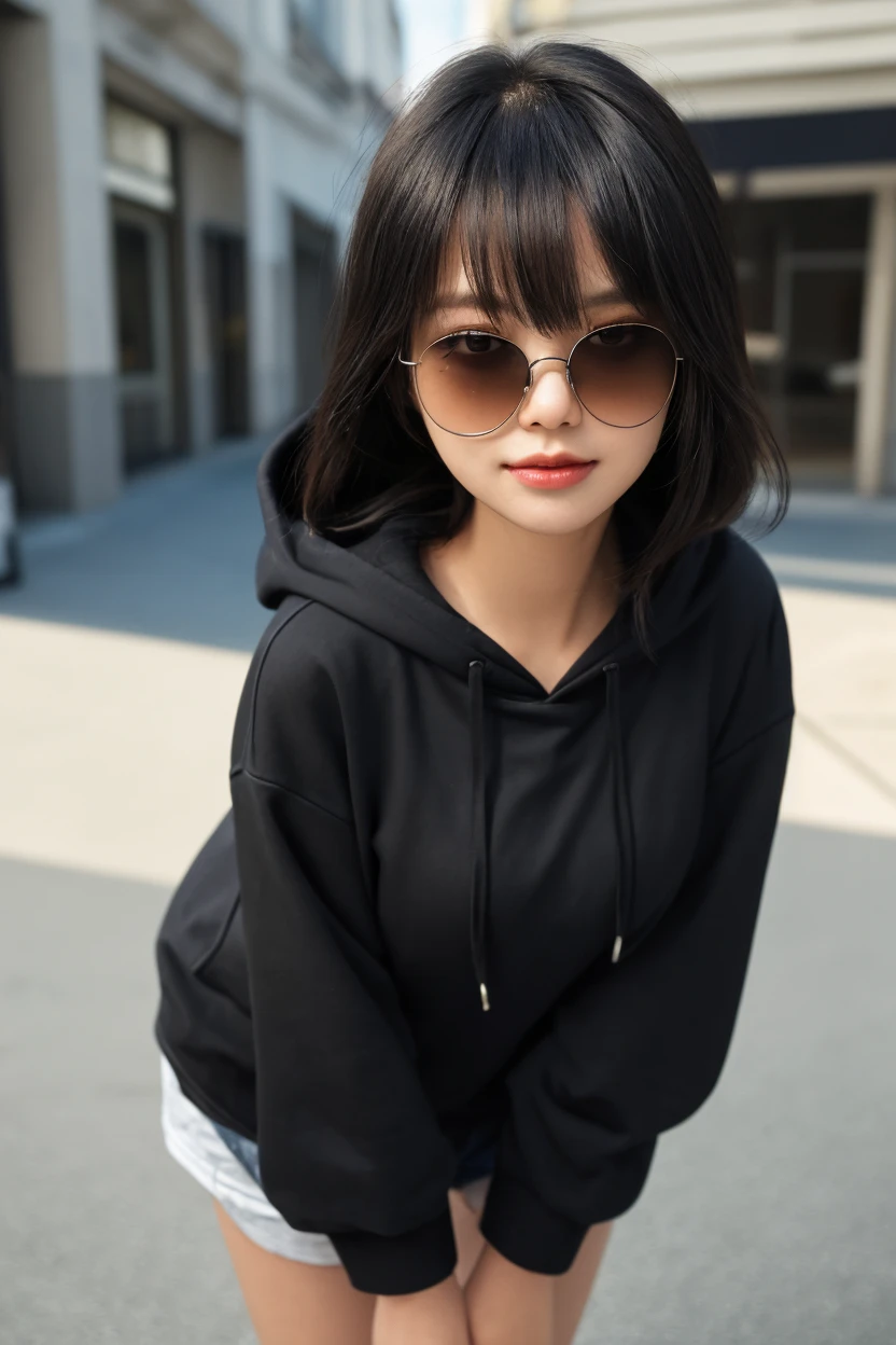Best quality, full body portrait, delicate face, pretty face, 25 year old woman, slim figure, small bust, OL uniform, office clothes, black stockings, outdoor scene, sitting position, wearing glasses