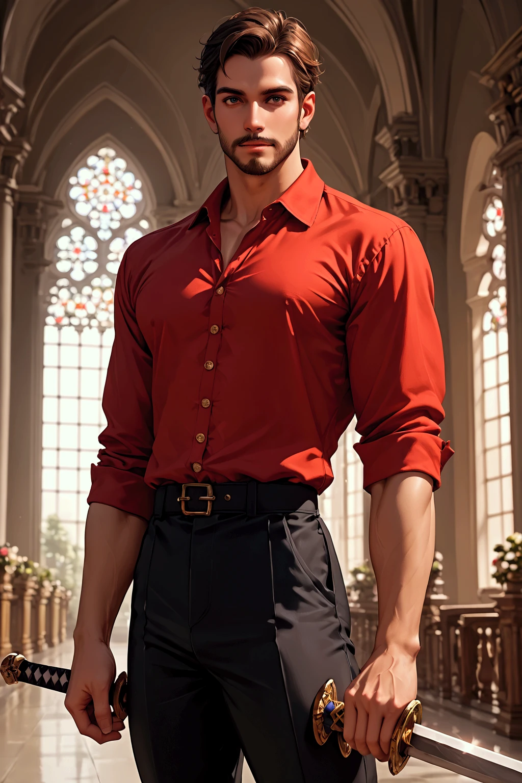 Araffed man, ((a young man of 18 years)), ((beautiful man)), ((God of beauty)), ((sexy and sensual)),((with a clean beard)), square face, ( (thin nose and full mouth)),
((bright blue eyes)), ((long black curly hair)),
handsome and sexy man, 28 years old, full body shot, various positions, ((open red shirt)),Victorian era style,
broad and strong chest, ((in the background a room in a medieval castle)), wallpaper 4k, 32k Ultra, Ultra Hd, cinematographic lighting,
movie poster,Superior Quality、High Resolution、8k high definition、Photogenic clarity、