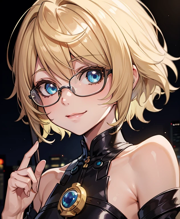High resolution, 2D anime style,,Blue eyes beautiful eyes,high and beautiful nose,thin face,blonde boyish short hair,cool adult woman,chest is a little big,She looks very happy,bite&#39;lips, she was laughing so much, she wears glasses,she narrows her eyes,Fashion that shows cleavage,I&#39;Iは窓辺でイヤホンを耳に入れて勉強しています.,London at night
