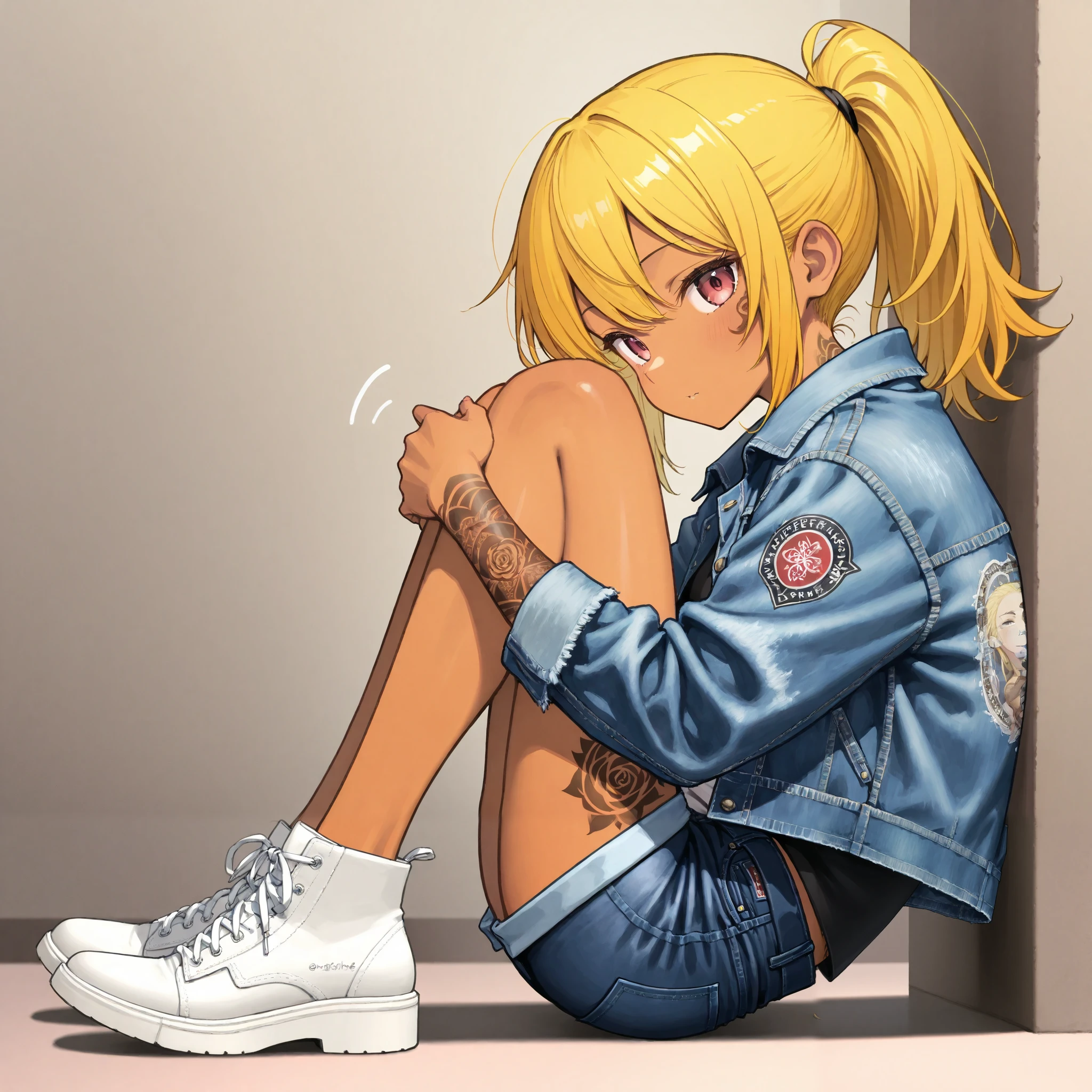 One beautiful woman、 ponytail、yellow hair、 matte brown skin 、 thin legs、 denim jacket 、 SHORT JEANS 、 perfect face、 Masterpiece, anatomically correct, top quality, textured skin, Full body tattoo/Japanese carving/、 movie light effects,
