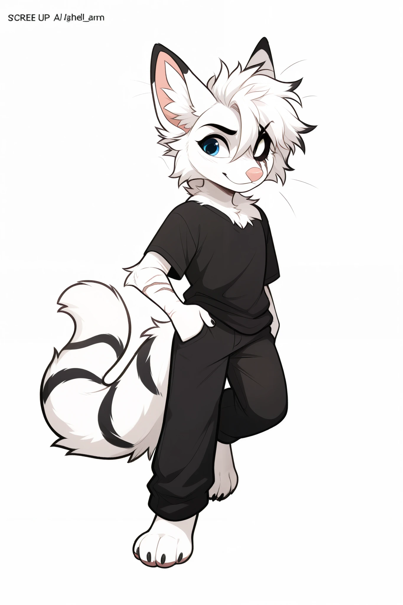 Um Furry Raposa, Being male, With White Fluff , Being a ager and Also Being Tall and Thin, having legs , Middle tail , Having a black scar on his right eye and right arm and his eyes having a white pupil and a black lens with a small spindle and a white background with black stripes, wearing a black shirt and also wearing black pants and he's barefoot and he's standing a bit sideways